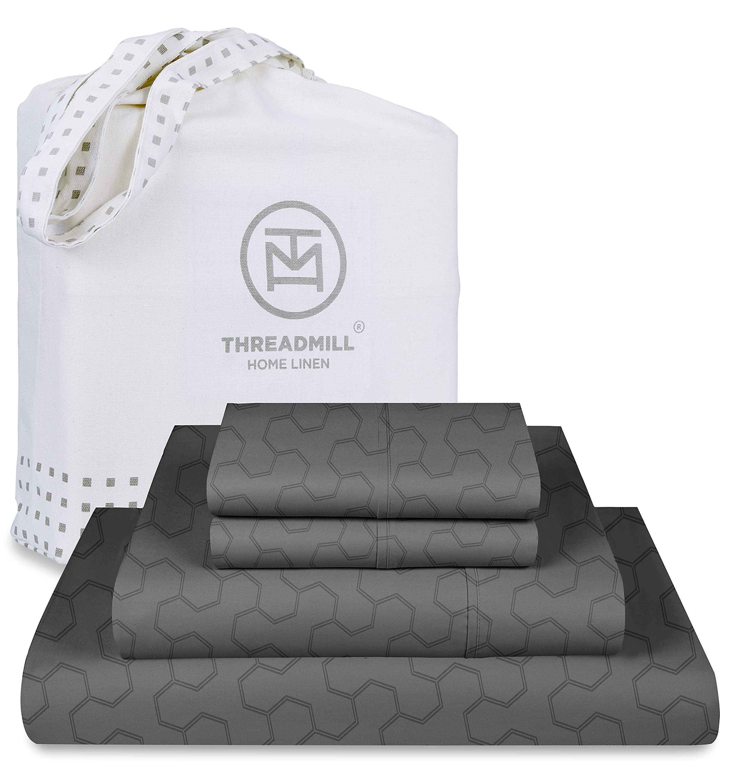 Threadmill 500 Thread Count Full Size 4 Pc Luxury Cotton Sheet Set, Jacquard Floria Dark Grey, Silky Smooth Sheets with 16'' Ela