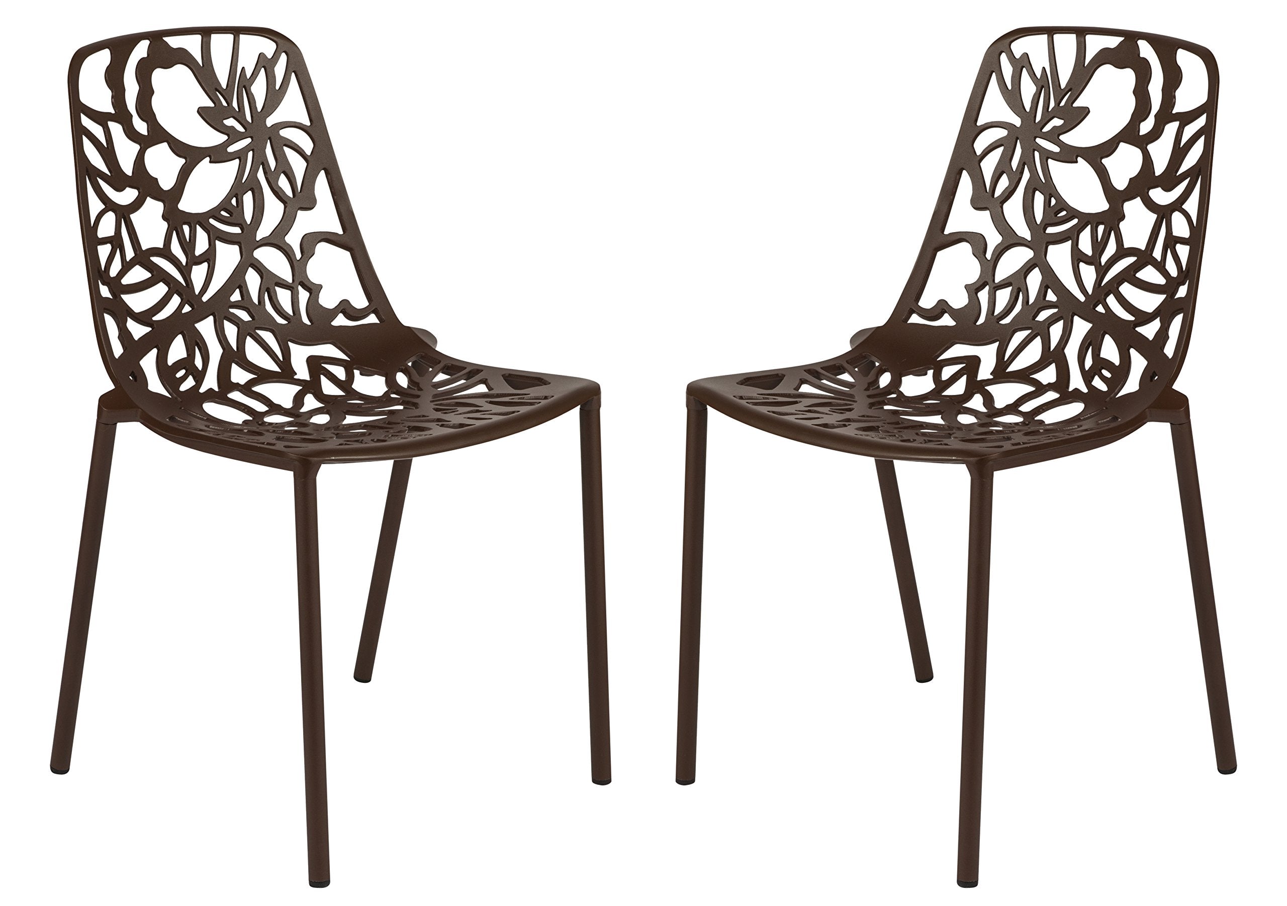 LeisureMod Aluminum Stackable Dining Chair Set of 2 with Floral Cutout Design, Brown Patio Side Chair for Indoor and Outdoor Use