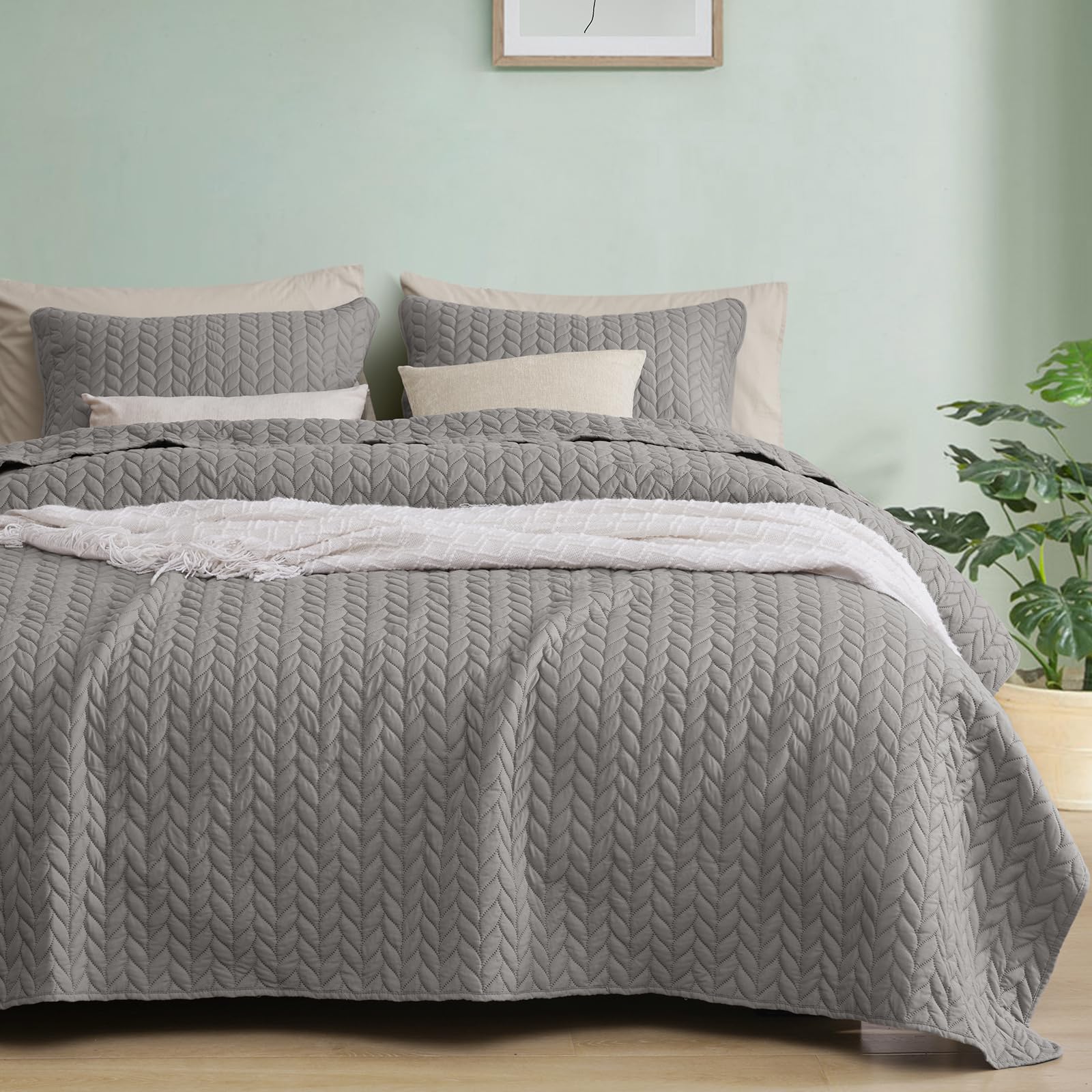 Phf Quilt Bedding Set King Size - Lightweight Summer Bedspread, 3Pcs Soft Breathable Leaf Pattern Bedding Coverlet For All Seaso