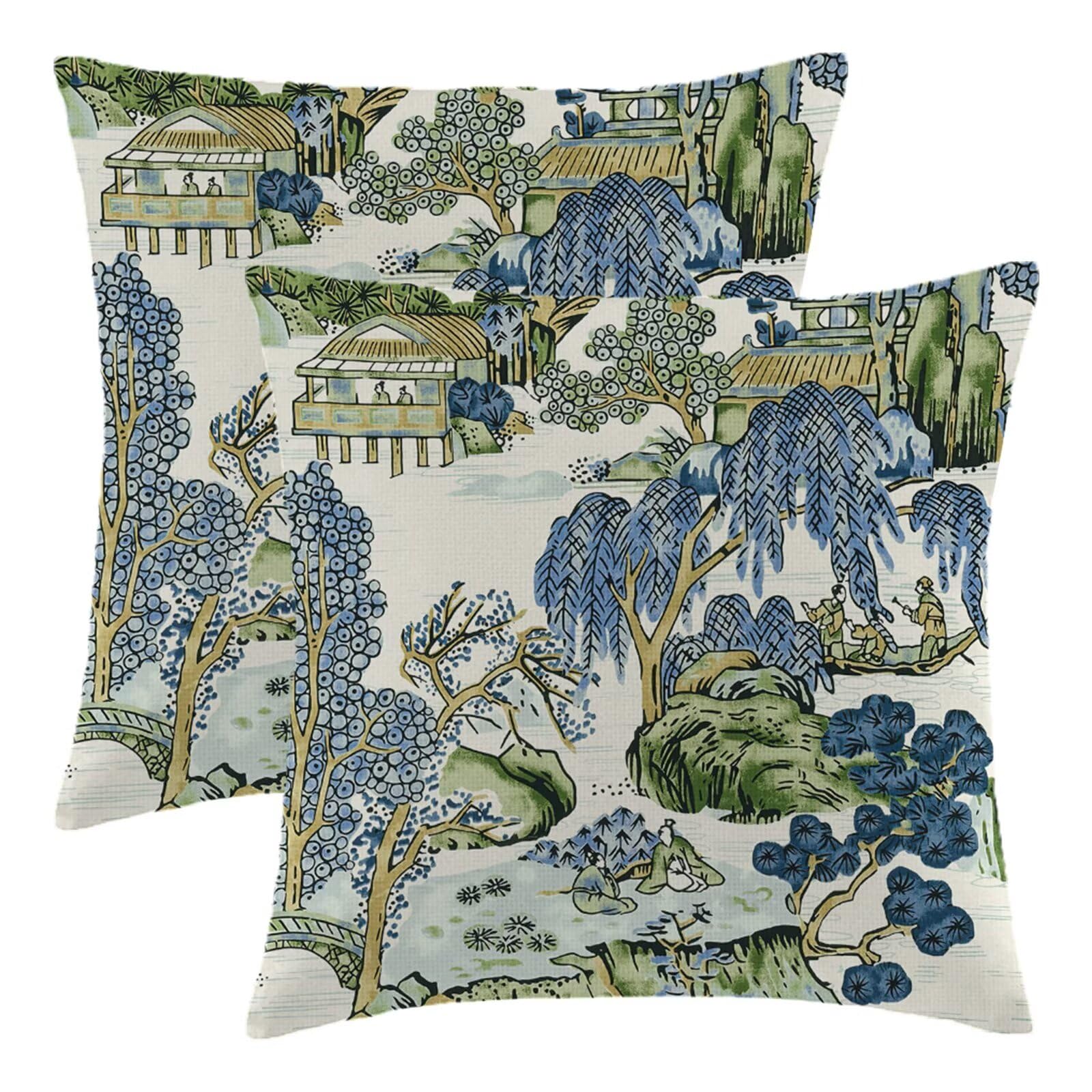 Wsunsal Chinoiserie Pillow Covers 24X24 Inch Set Of 2, Asian Scenic Blue And Kelly Green Throw Pillows Farmhouse Chinoiserie Out
