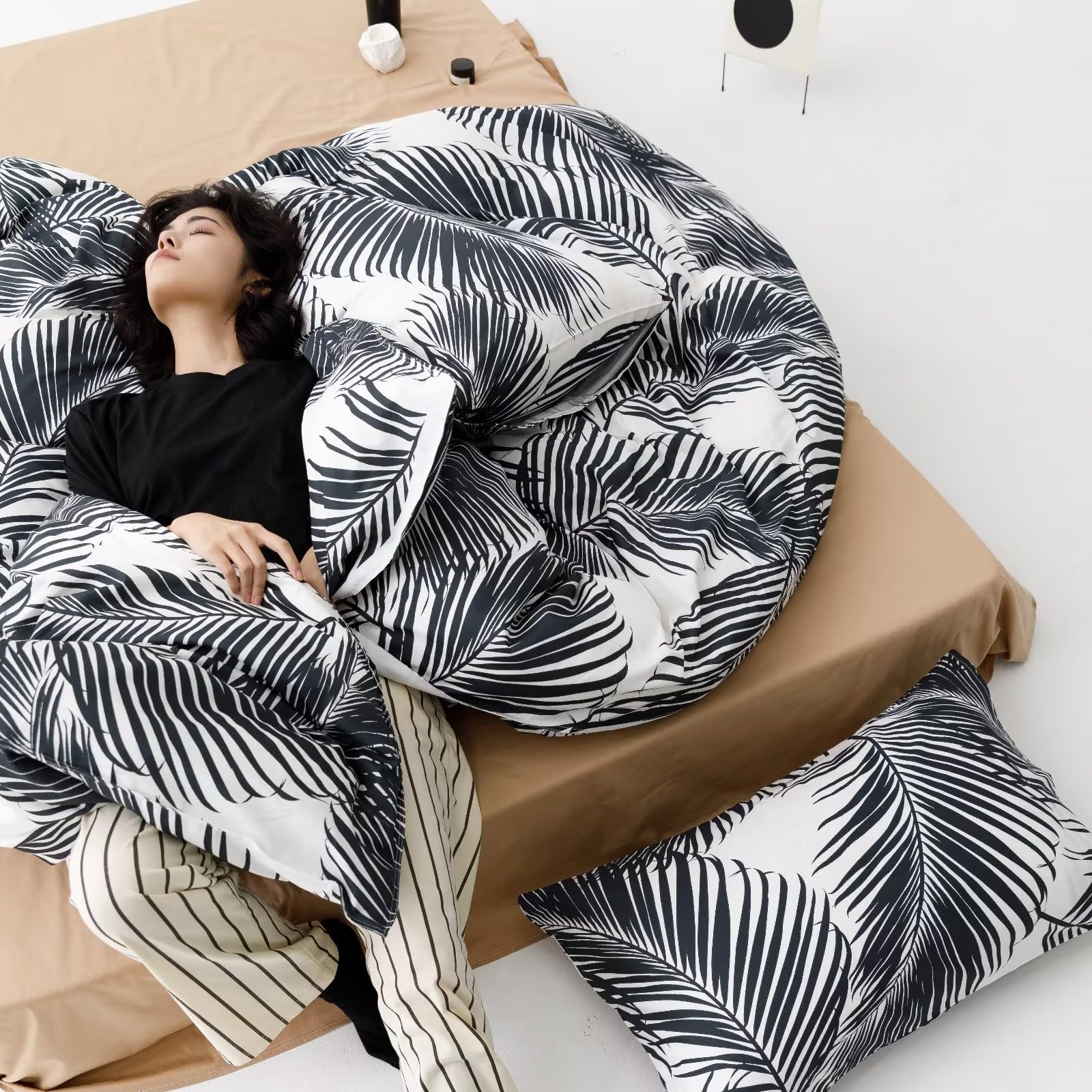 Karever Black Leaves Comforter Queen Black And White Palm Leaf Printed Comforter Sets Modern Boho Black Tropical Botanical Leave