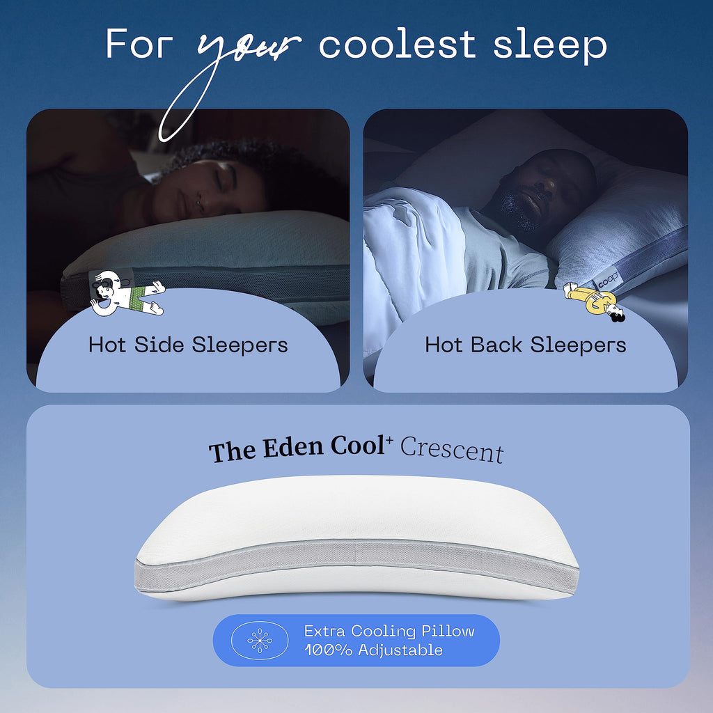 Coop Home Goods Eden Cool+ Crescent Adjustable Pillow, King Size Plus Shaped Memory Foam Pillows With Cooling Gel, Neck Support,