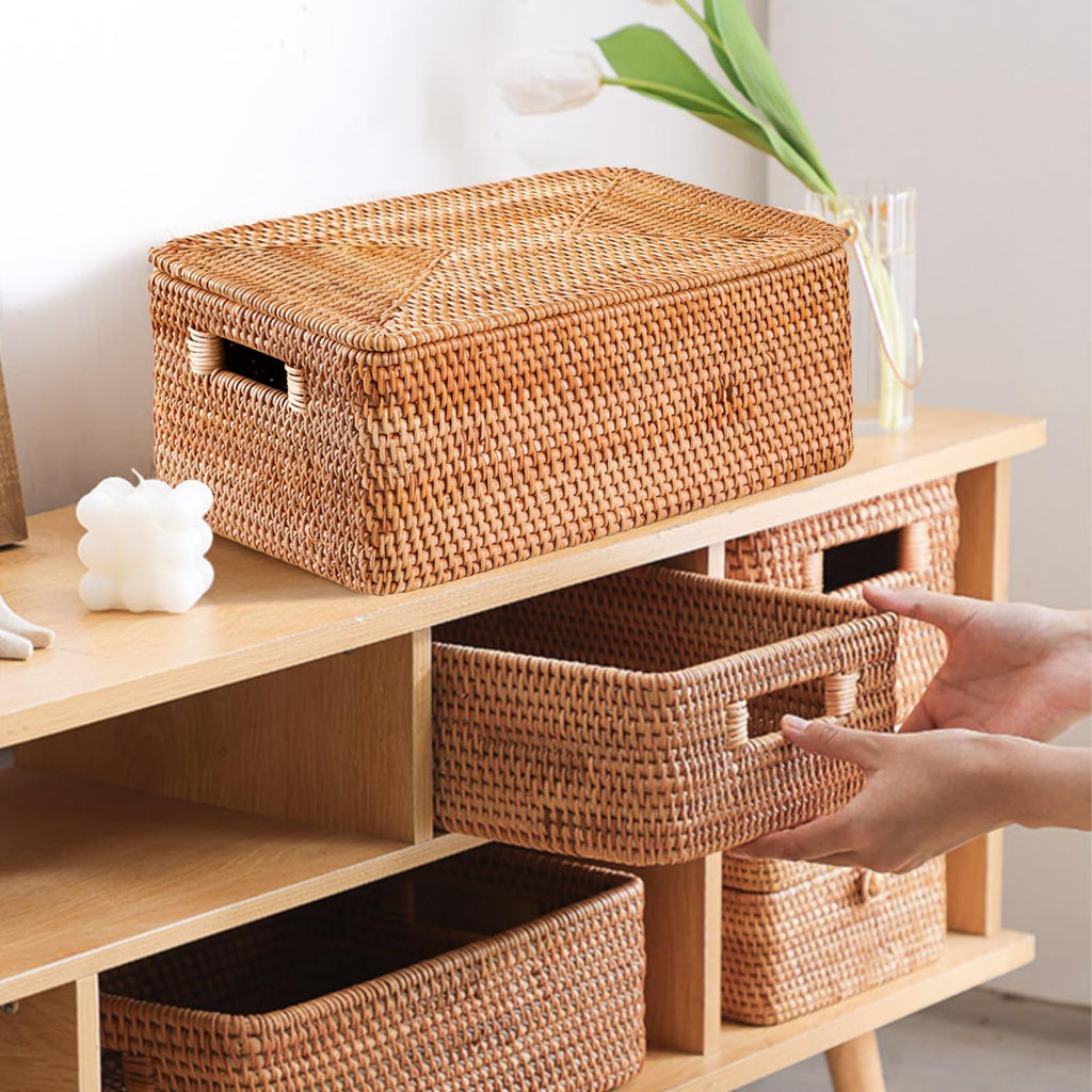 Fiyammy Rattan Basket With Lid, Large Lidded Basket For Storage Rattan Box(15.3' L  11.4'W  9.5'H)