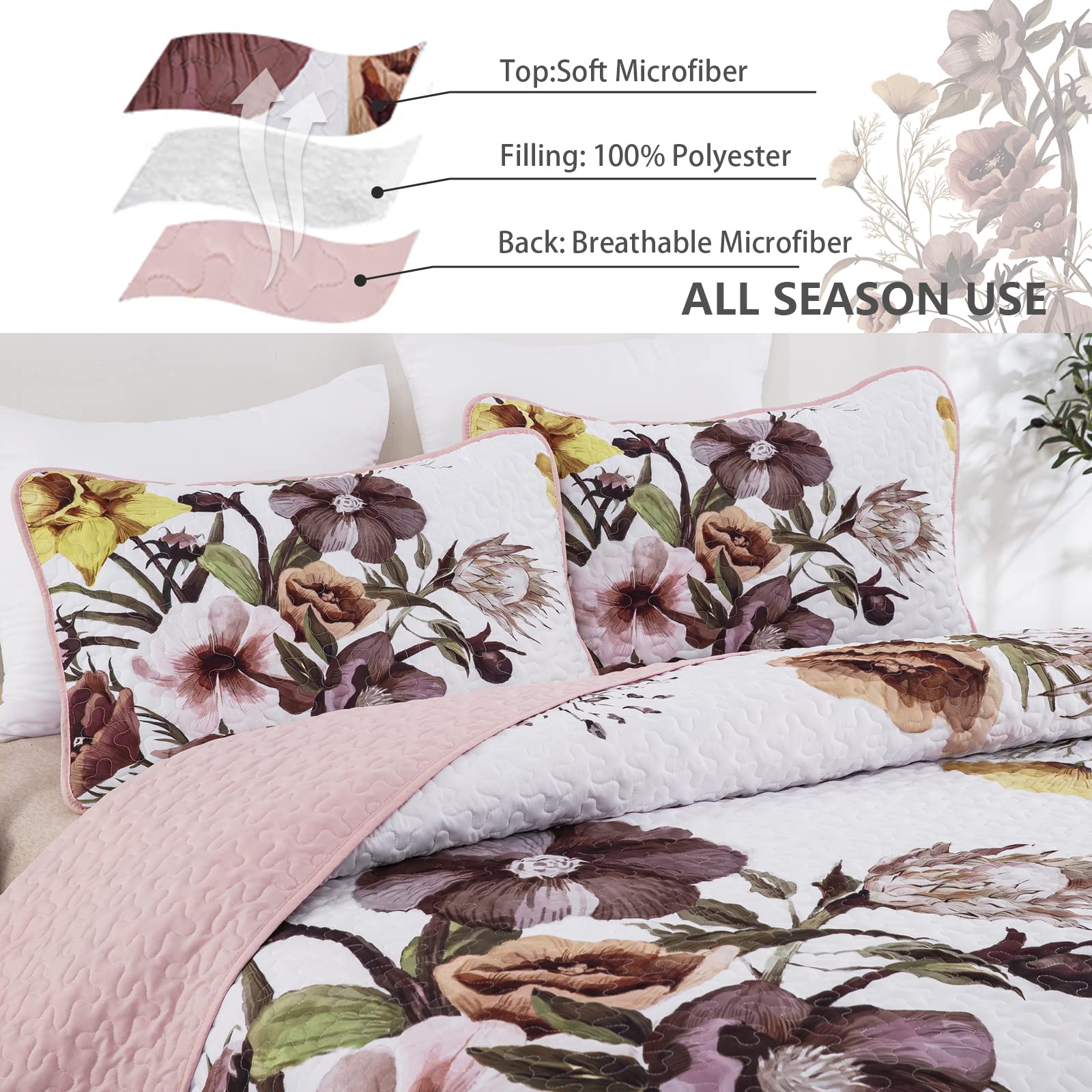 Drucon Floral Quilt Set King 3 Pieces Boho Blush Quilt Coverlet Set Soft Microfiber Lightweight Colorful Floral Quilted Bedsprea