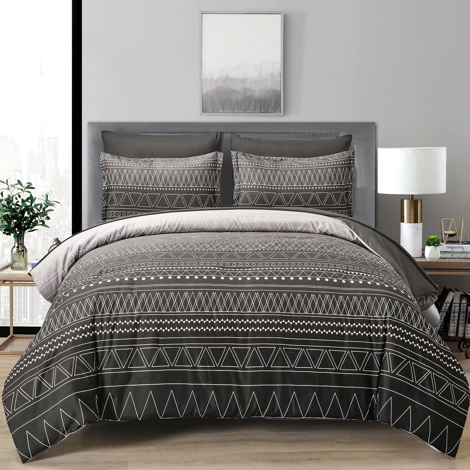 Wongs Bedding Boho Black Grey Comforter Set Queen Size 7 Piece Stripe Gradient Bed In A Bag Bedding Set For All Seasons Reversib