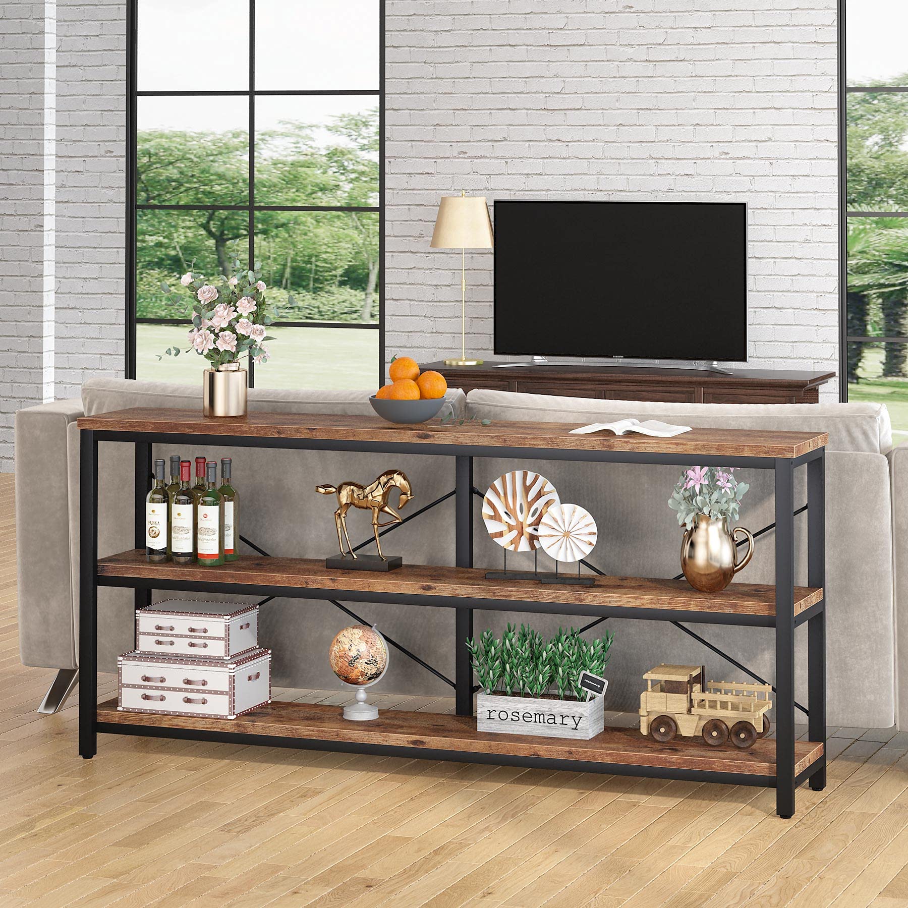 Tribesigns 71' Sofa Tables Extra Long Couch Table, Narrow Long Console Table, Entryway Table,Sofa Table With 3 Tiers Storage Shelves (Rustic Brown)