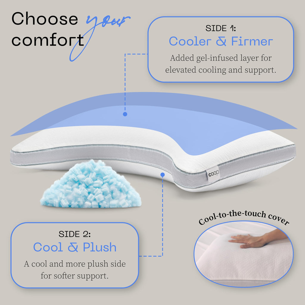 Coop Home Goods Eden Cool+ Crescent Adjustable Pillow, King Size Plus Shaped Memory Foam Pillows With Cooling Gel, Neck Support,