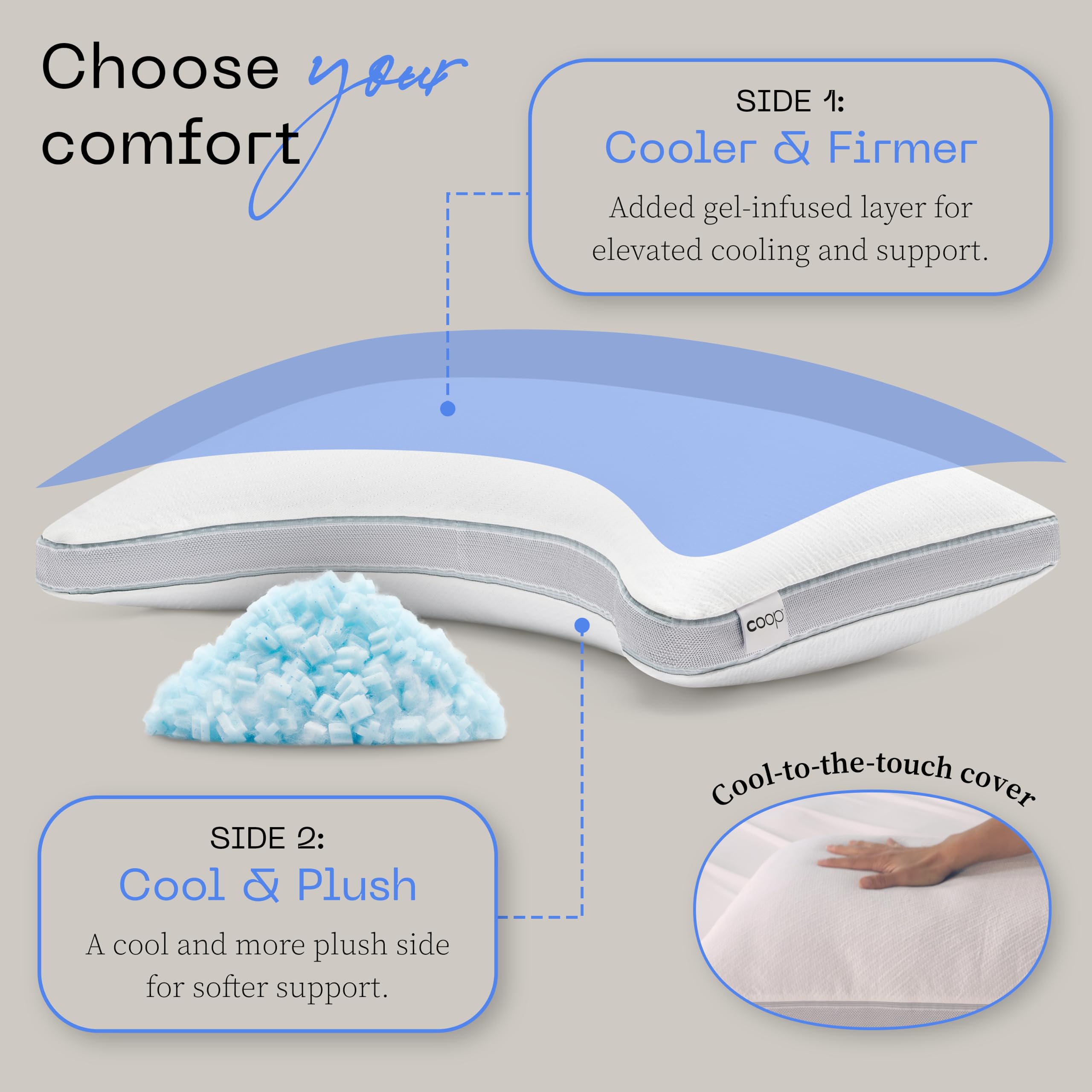 Coop Home Goods Eden Cool+ Crescent Adjustable Pillow, King Size Plus Shaped Memory Foam Pillows With Cooling Gel, Neck Support,