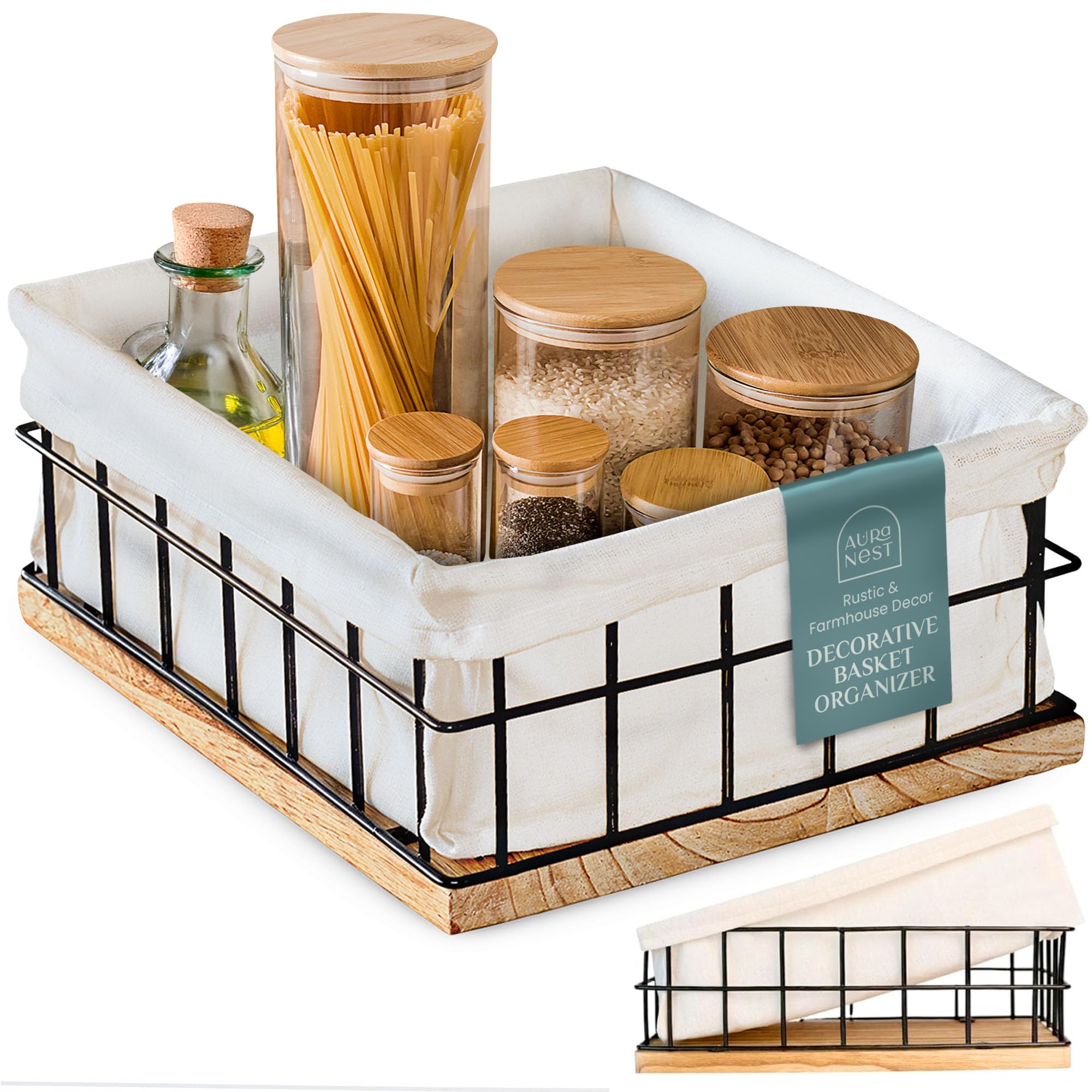 AURA NEST Metal Baskets for Organizing - Toiletries Black Metal Basket with Liner, Wooden Decorative Baskets for Home Decors, Ba