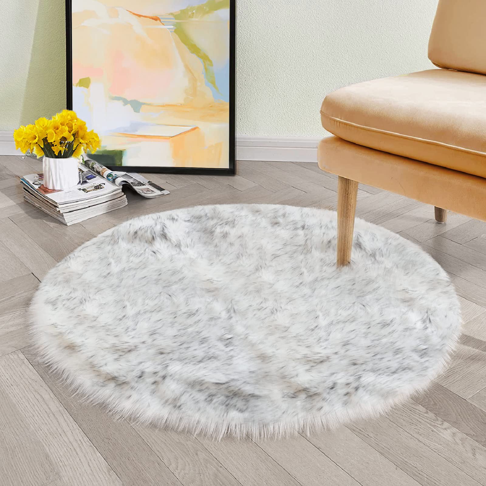 Orinova Grey And White Washable Shaggy Round Rug 5Ft Circle Faux Sheepskin Furry Fur Rugs For Bedroom Nursery Rug