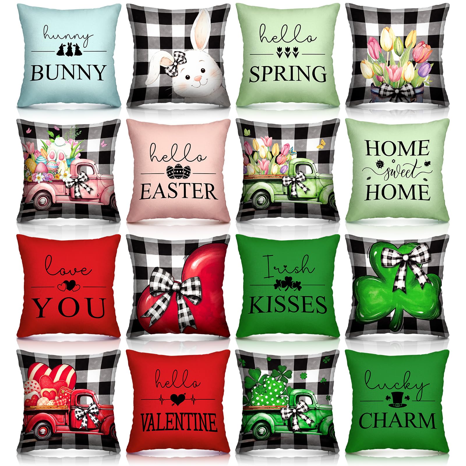 GlikCeil Set of 16 Easter Pillow Covers 18 x 18 Inch Buffalo Plaid Throw Pillow Covers Valentines Day St. Patricks Day Easter 