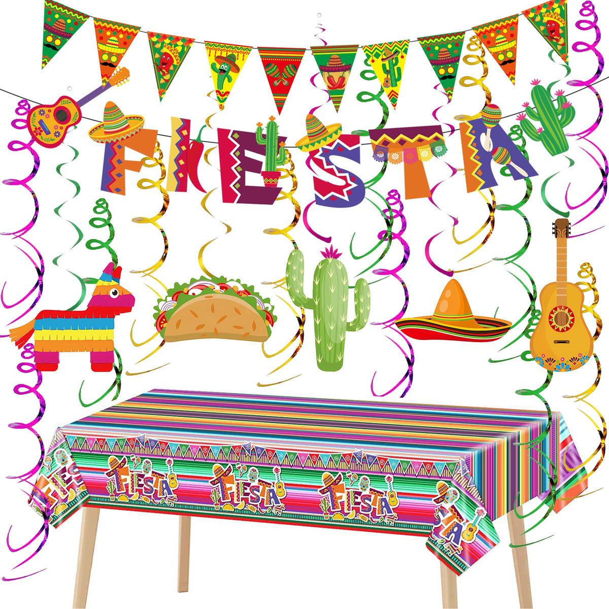 Mexican Party Decorations Fiesta Banner  20 Pack Fiesta Banner Triangle Flag Spiral Hanging Swirls Pony Mexican Bread Cactus Ha