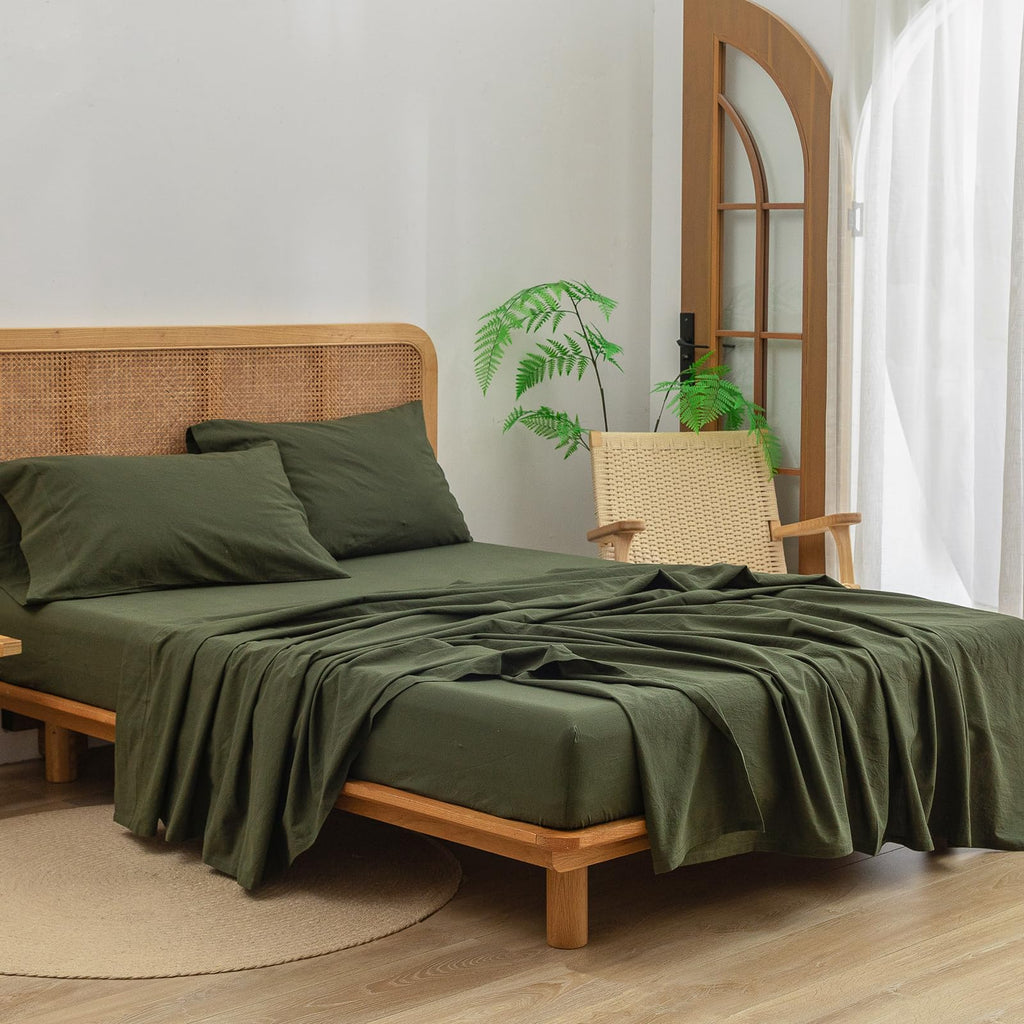 Bestouch Sheet Set 100% Washed Cotton Linen Feel Super Soft Comfortable Chic Lightweight 4 Pcs Home Bedding Set Solid Olive Gree