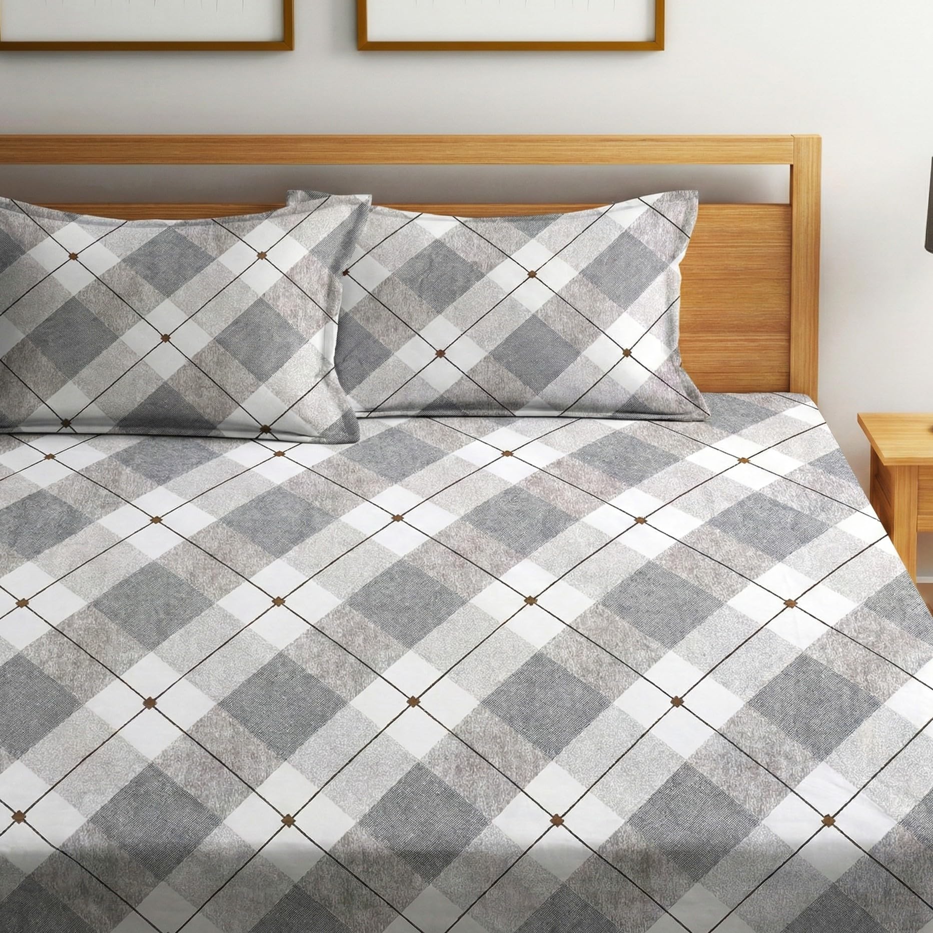 Home Sizzler 210 Tc Microfibre Grey Tartan Double Fitted Bedsheet (72X78 Inch) With 2 King Size Pillow Covers