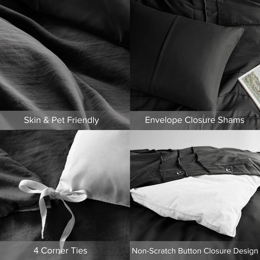 Comfort Spaces Black King Size Duvet Cover Set - 3 Pieces Pintuck Pleated Duvet Cover King, All Season Lightweight, Extra Softness Pre-Washed Microfiber King Bedding Cover Shams, King/Cal King