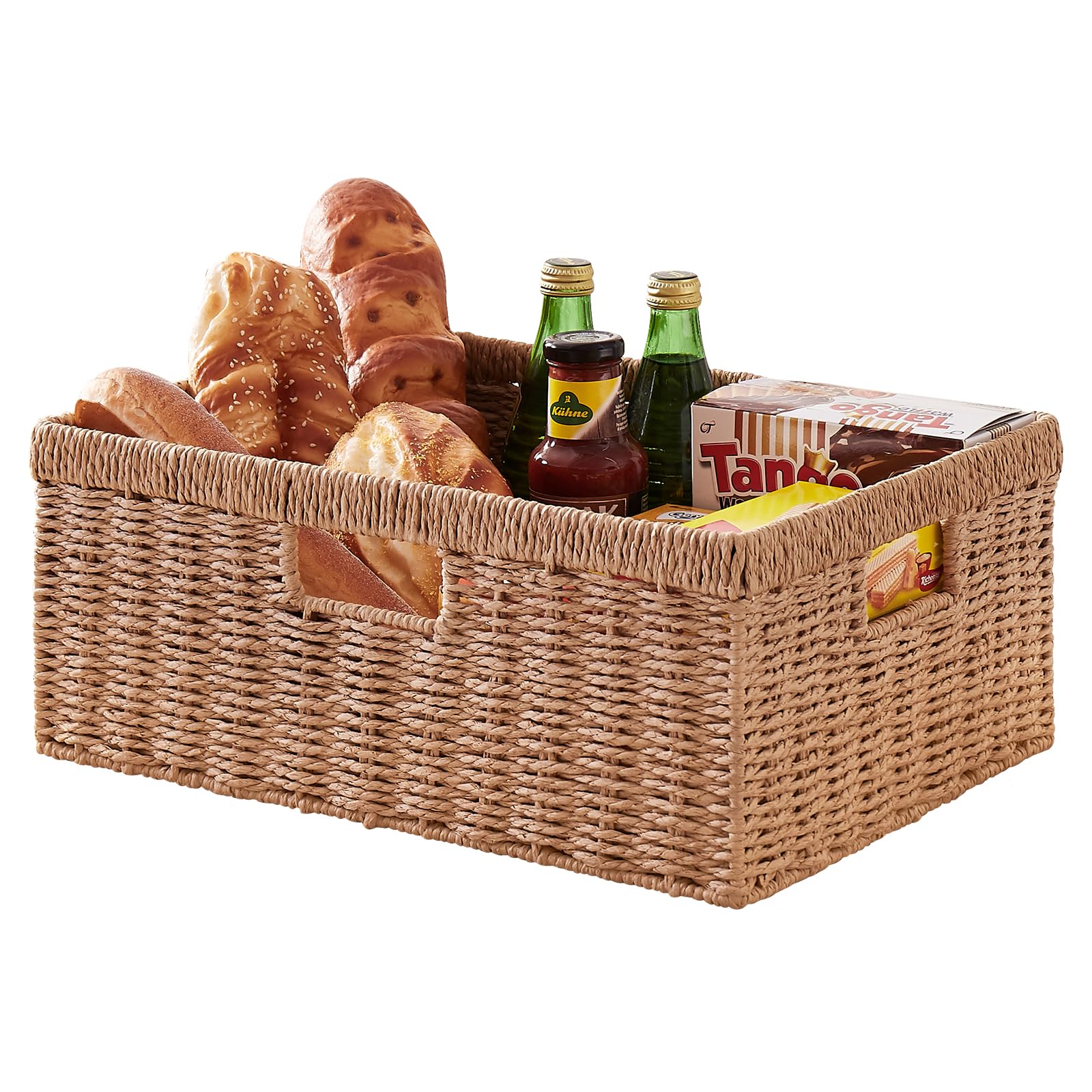 OIAHOMY Wicker Basket, Paper Shelf Basket with Built-in Handles, Rectangular Wicker Storage Bin for Pantry, Shelves, 1 Pack-Yell