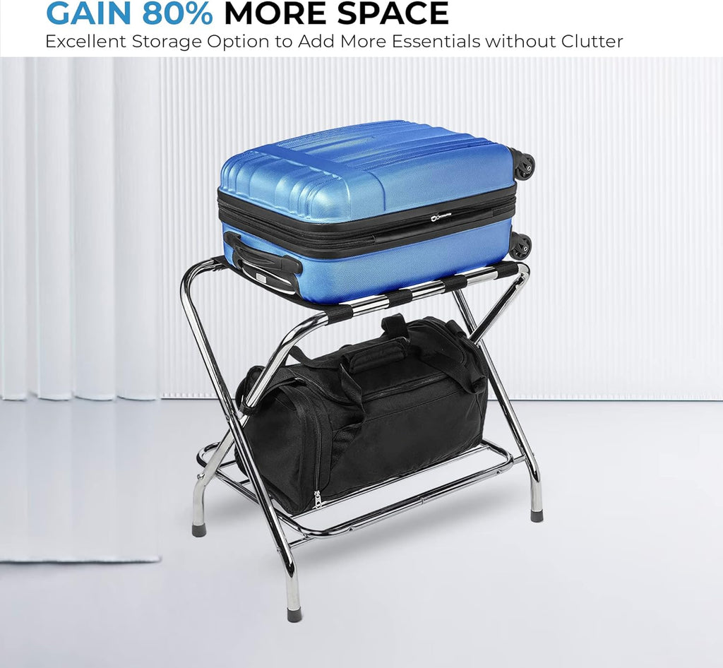 2-Tier Folding Luggage Rack with Nylon Straps, Rubber Feet, Chrome Finish