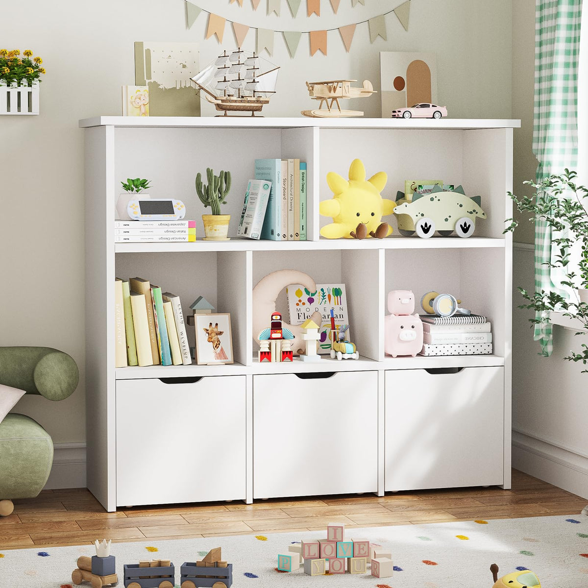 Teckid 2in1 Toy Storage Organizer with 5 Cubbies, Bookshelf & 3 Drawers