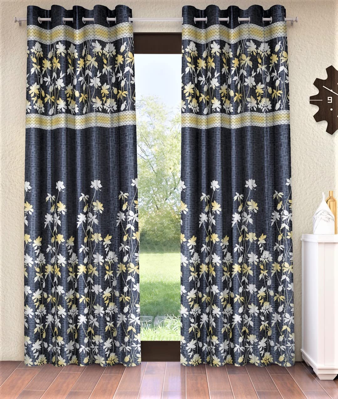 Home Sizzler 2 Piece Flower Border Panel Eyelet Polyester Door Curtains  7 Feet, Grey