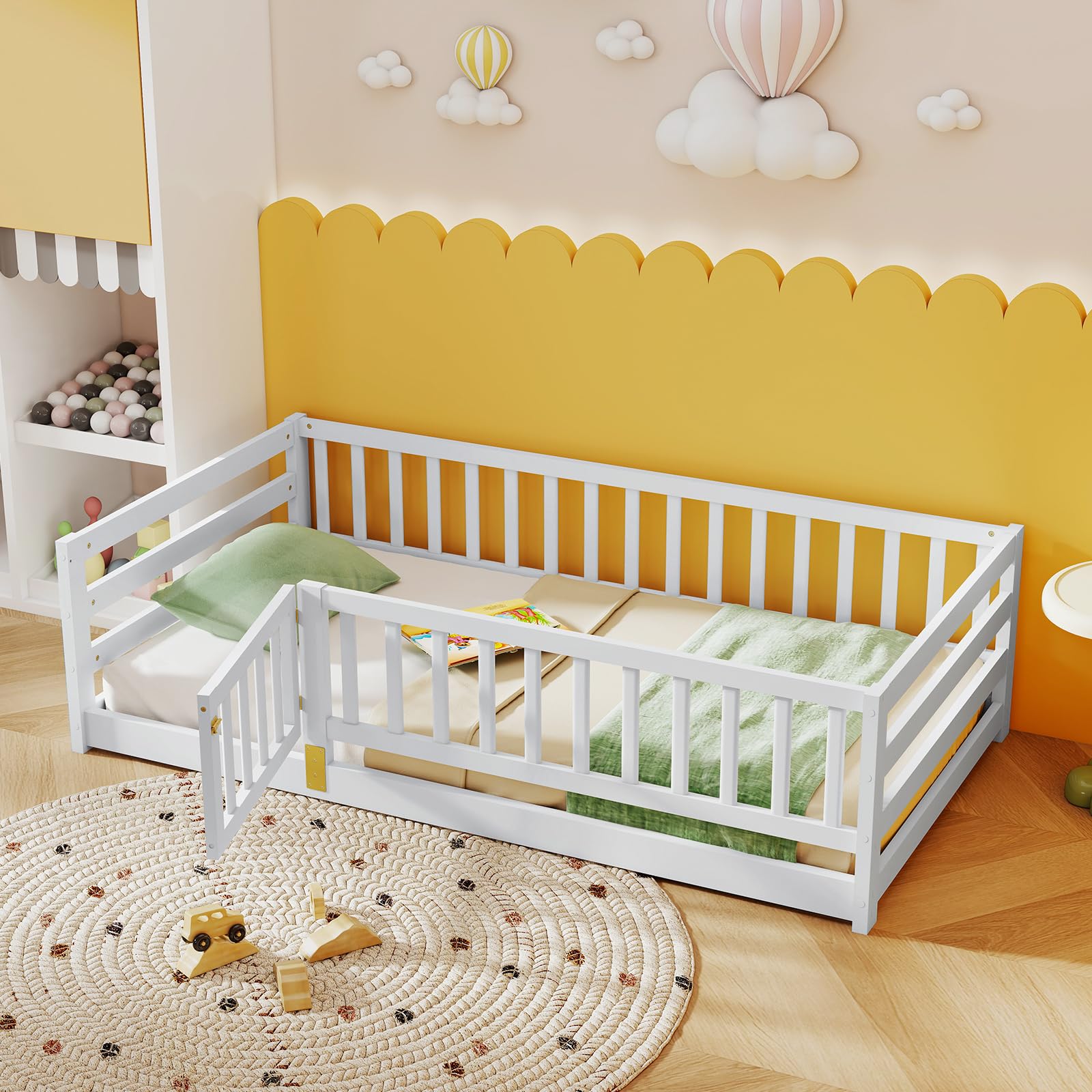 KOMFOTT Twin Size Wood Floor Bed with Door & 21.5    Fence, Montessori Bed Frame with Full Length Safety Guardrails, Door & Latc