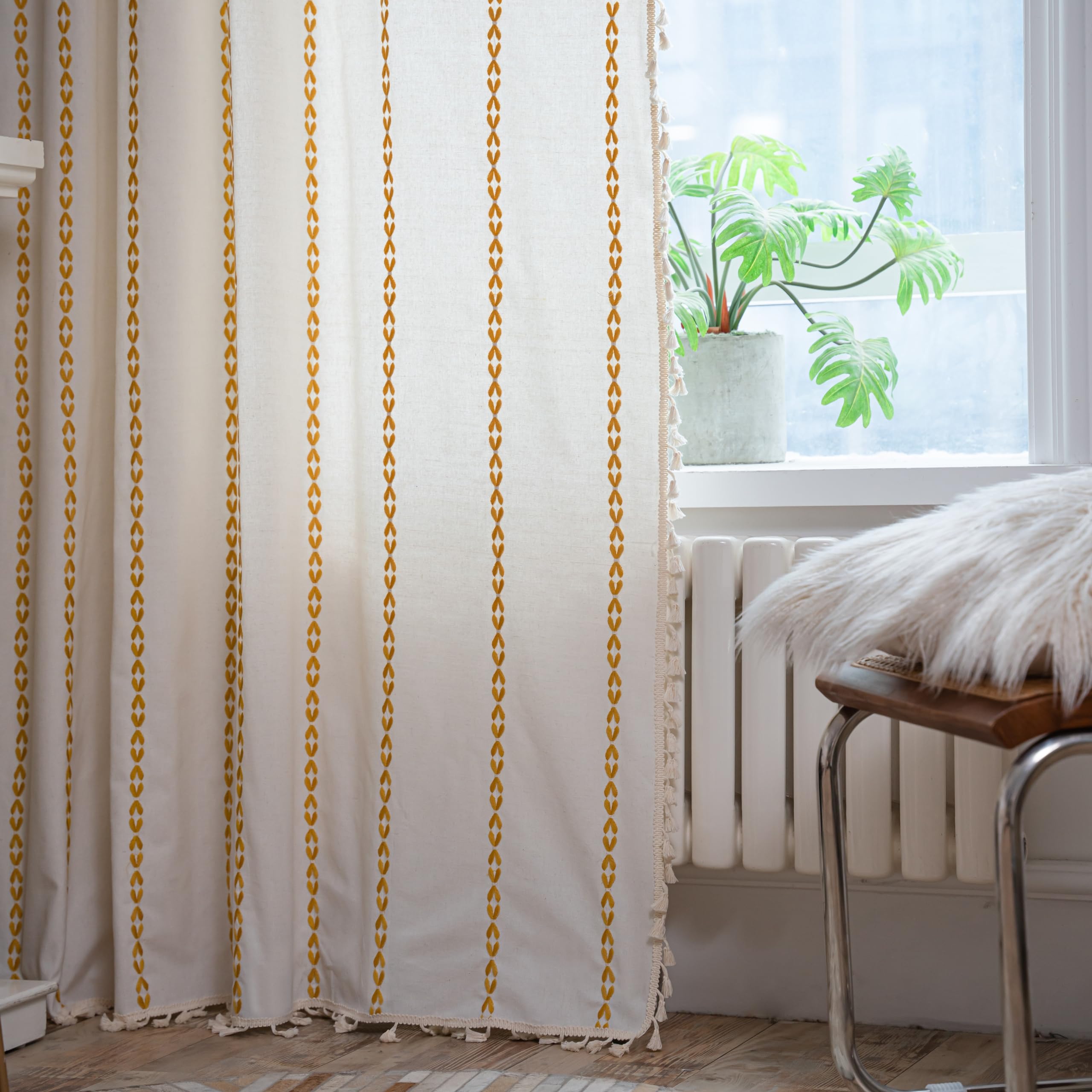 Sutuo Home Boho Curtains For Living Room Bedroom, Semi Blackout Farmhouse Vintage Shabby Chic Tassels Window Treatment Bohemian Embroidery Drape, Rod Pocket 1 Panel 52' W X 96' L, White And Gold