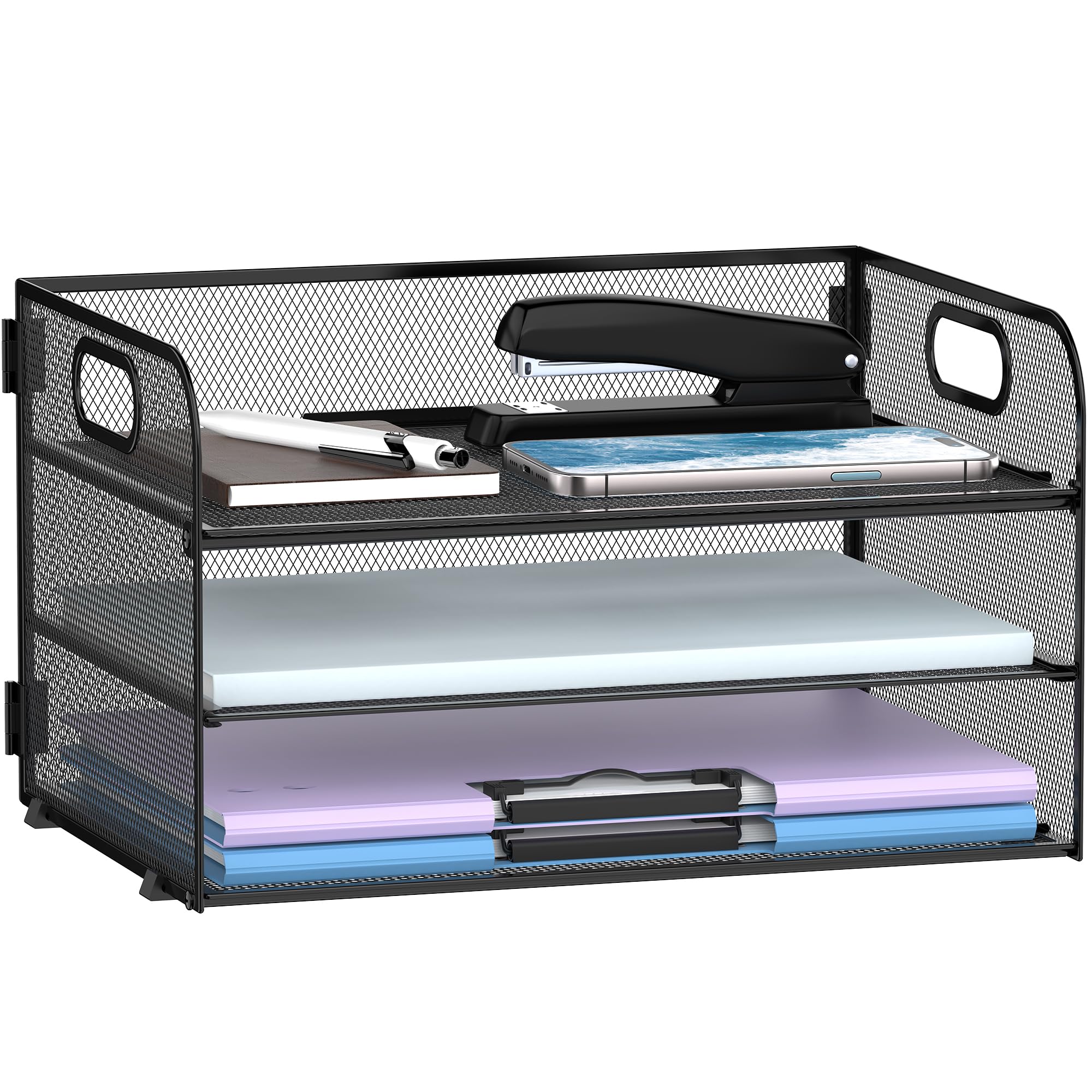 Supeasy 3 Tier Paper Organizer With Handle, Mesh Desk Letter Tray, File Organizer For A4 Folder, Black