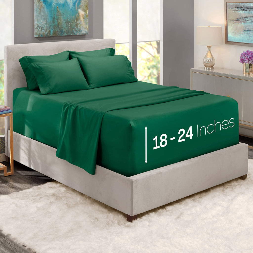 Hearth & Harbor 6 Piece Bed Sheet Set Extra Deep Pocket, Fits Mattress From 18-24 Inces Depth, Split King, Hunter Green