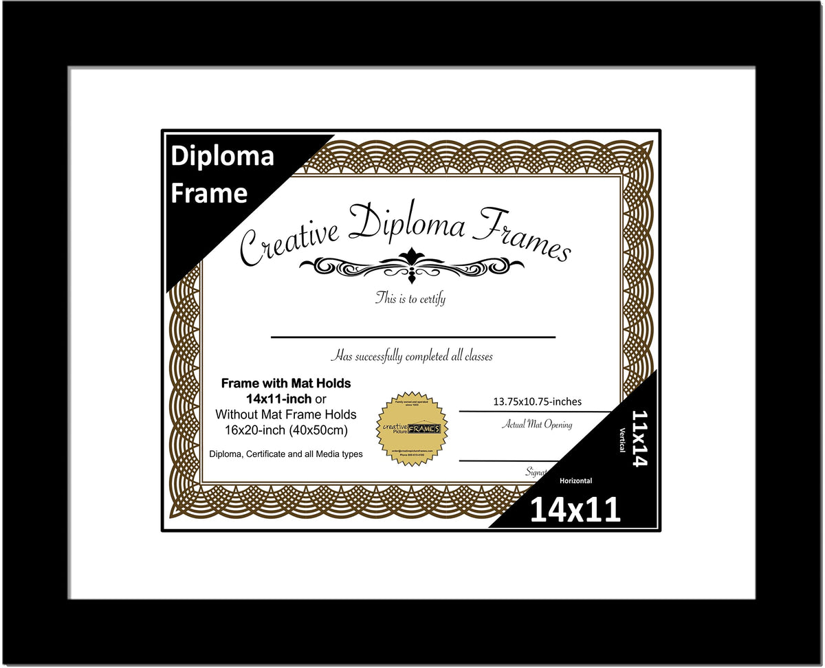 Creative Picture Frames 14x11 Classic Black Diploma Frame with White Mat Glass Easel and Installed Wall Hangers | Frame Holds 16