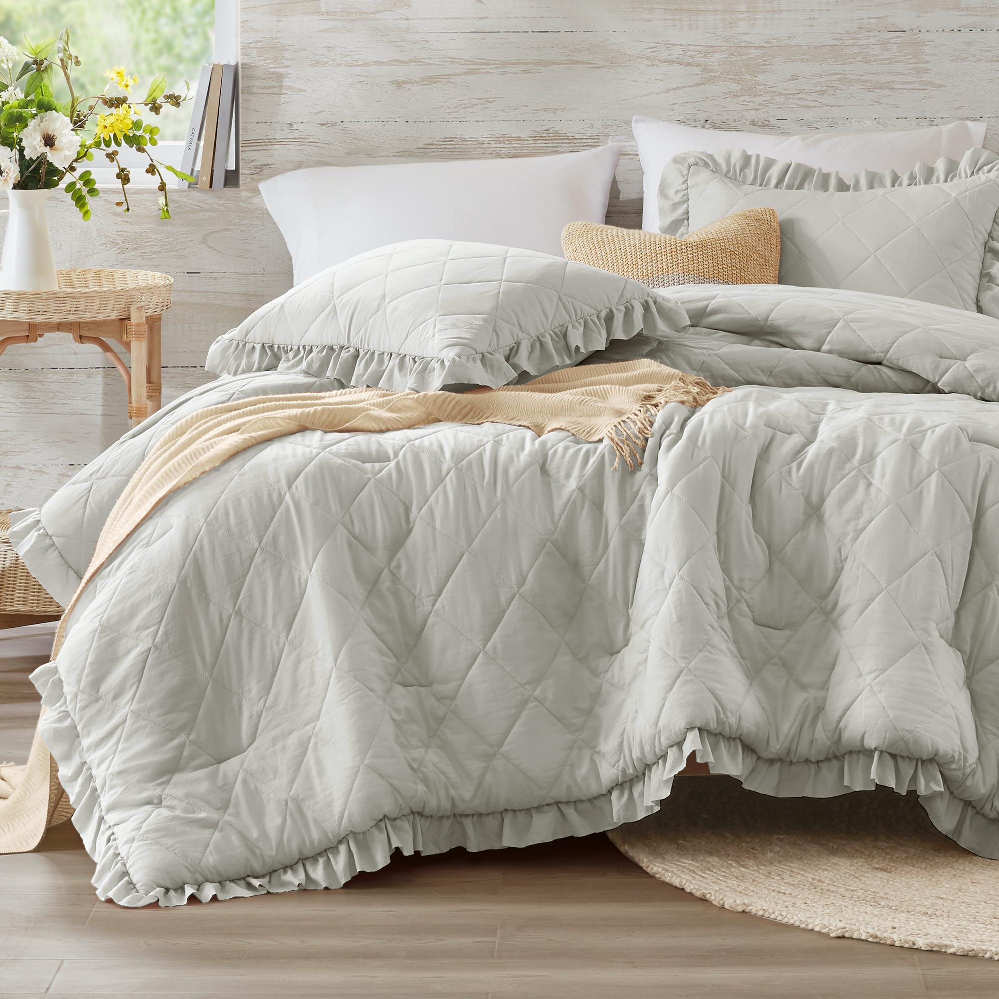 Gray Ruffle Bedding Set, Shabby Chic Farmhouse Queen Size Comforter, Boho Fluffy Cozy Washed Microfiber Full Bed Sets, 3 Piece W
