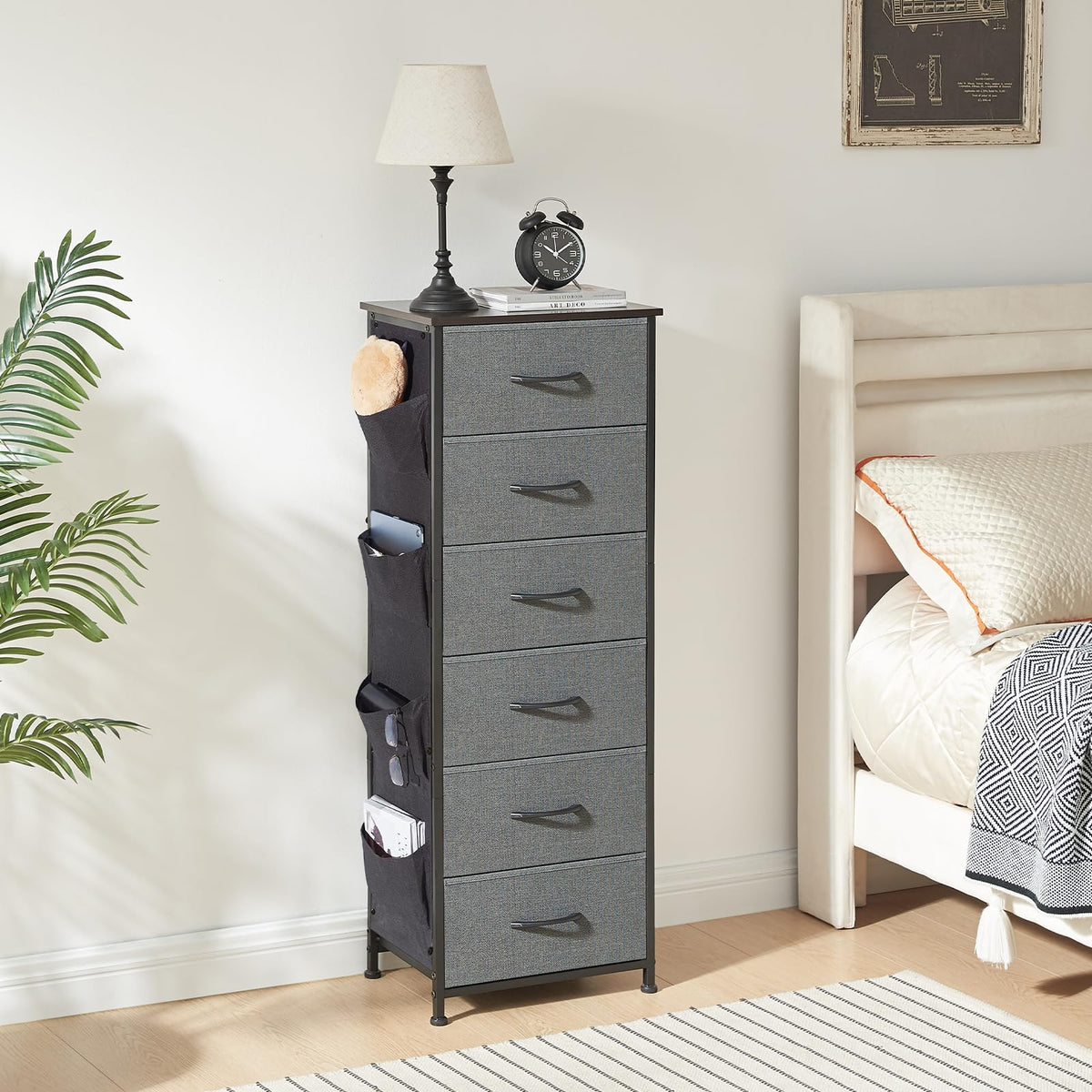 Somdot Tall Dresser For Bedroom With 6 Drawers And Side Pockets, Storage Organizer Chest Of Drawers With Fabric Bins For Closet Bedside Nursery Living Room Entryway Hallway, Charcoal Grey