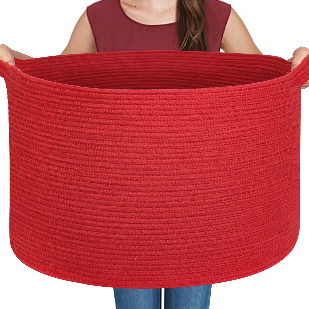 MEGASKET Extra Large Red Basket for Organizing, 22 X 22 X 14 Woven Cotton Rope Bins for Blankets, Baby Nursery Wicker Laundry Ba