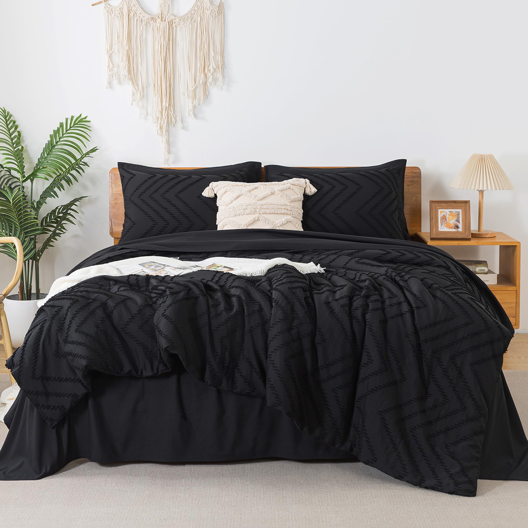 Litanika Oversized King Size Comforter Set With Sheets Black - 7 Pieces Bed In A Bag Oversized King Boho Tufted Complete Bedddin