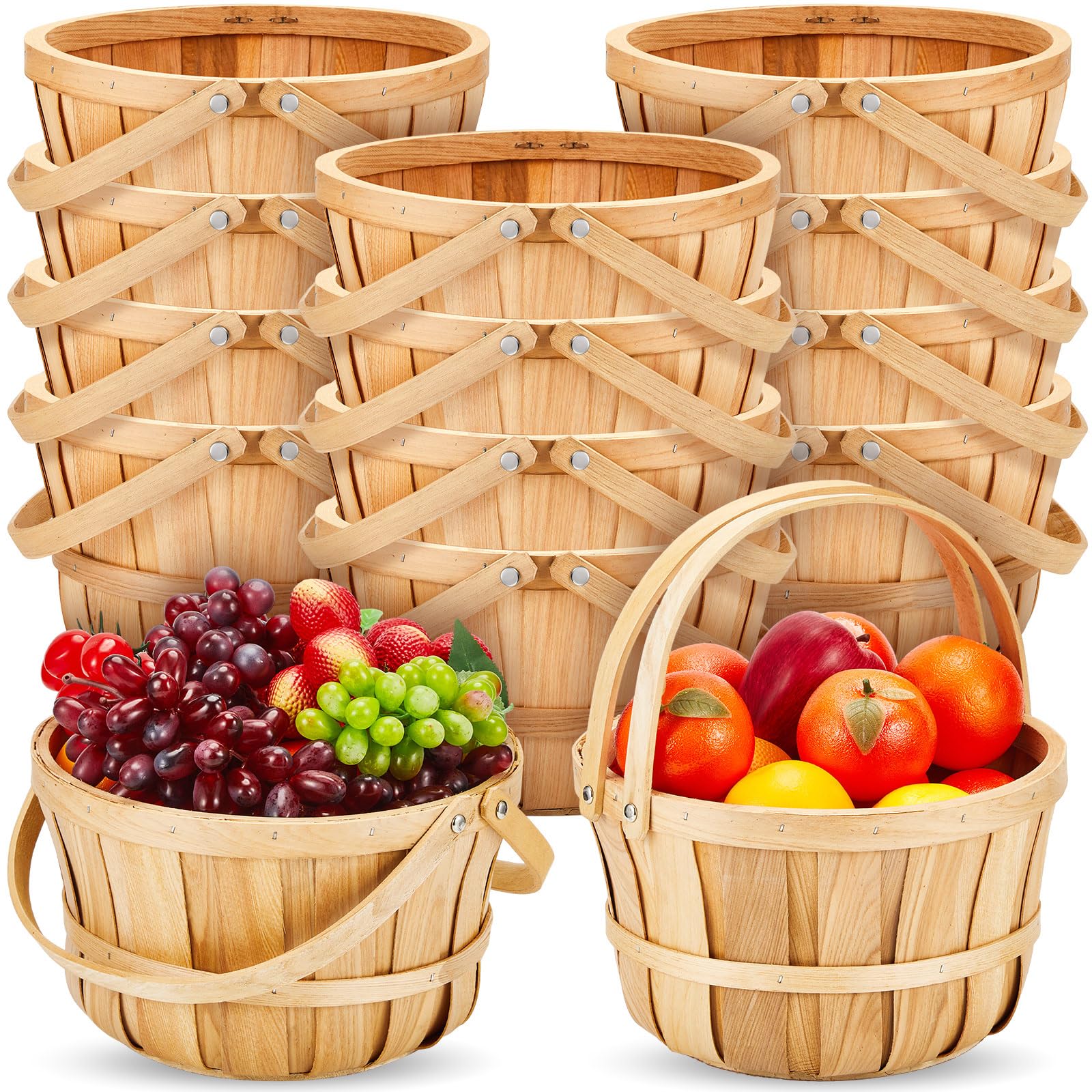 Marsui 16 Pcs 11 X 6.5' Large Round Wooden Basket Apple Baskets Fruit Bushel Baskets Farmers Fall Harvest Portable Garden Baske