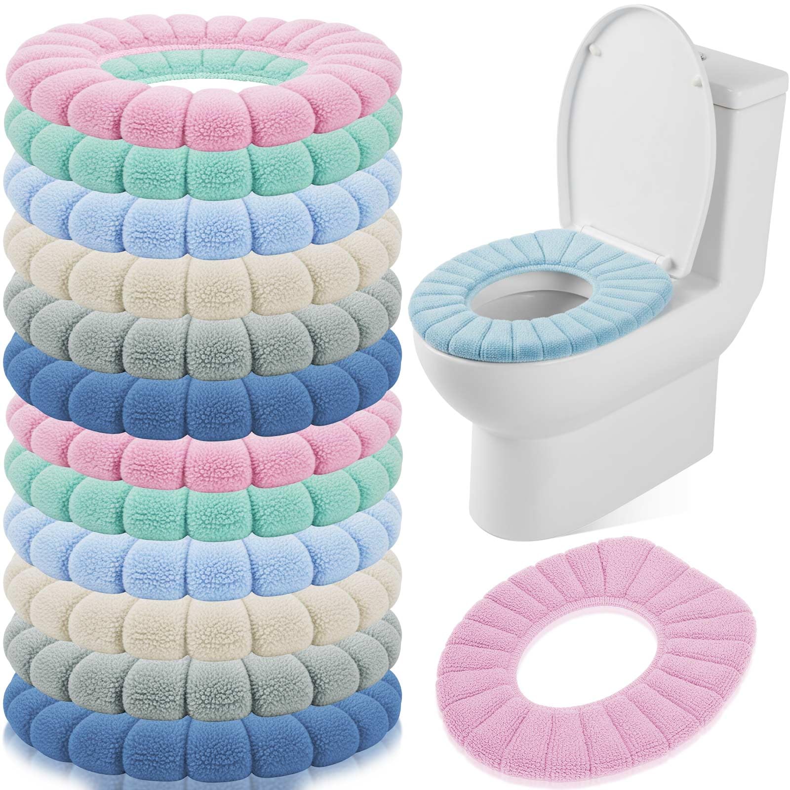 Tegeme 12 Pack 11.8   Thicker Bathroom Toilet Seat Cover Pads Bulk Soft Comfortable Cushion Cover Stretchable Toilet Seat Elas