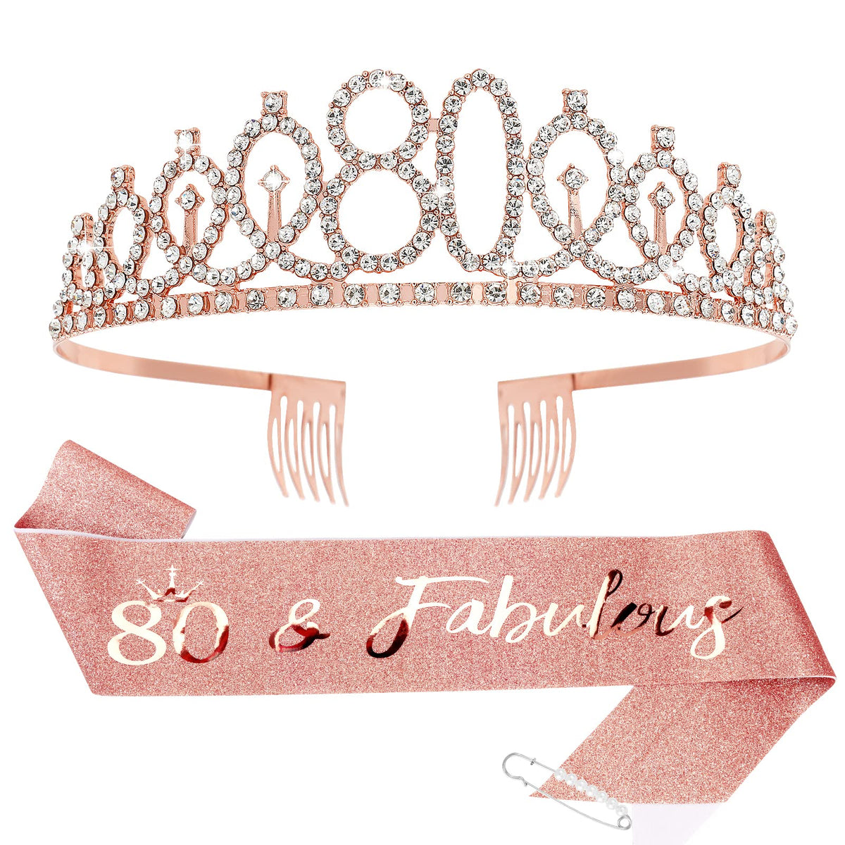 CIEHER 80th Birthday Crown + Sash + Pearl Pin Set, Elegant Gift for Women s 80th Birthday Party Decorations