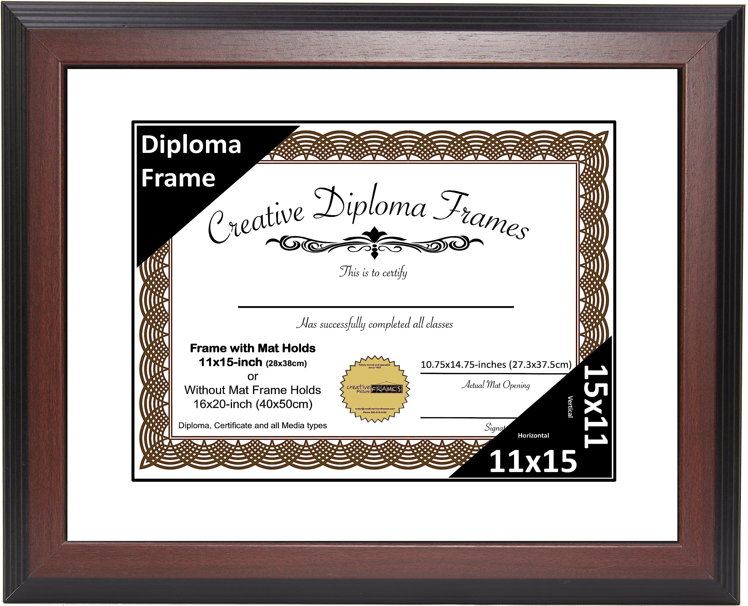 Creative Picture Frames 11x15 Mahogany Finish Diploma Frame with White Matting Holds 11 by 15-inch Documents with Glass and inst