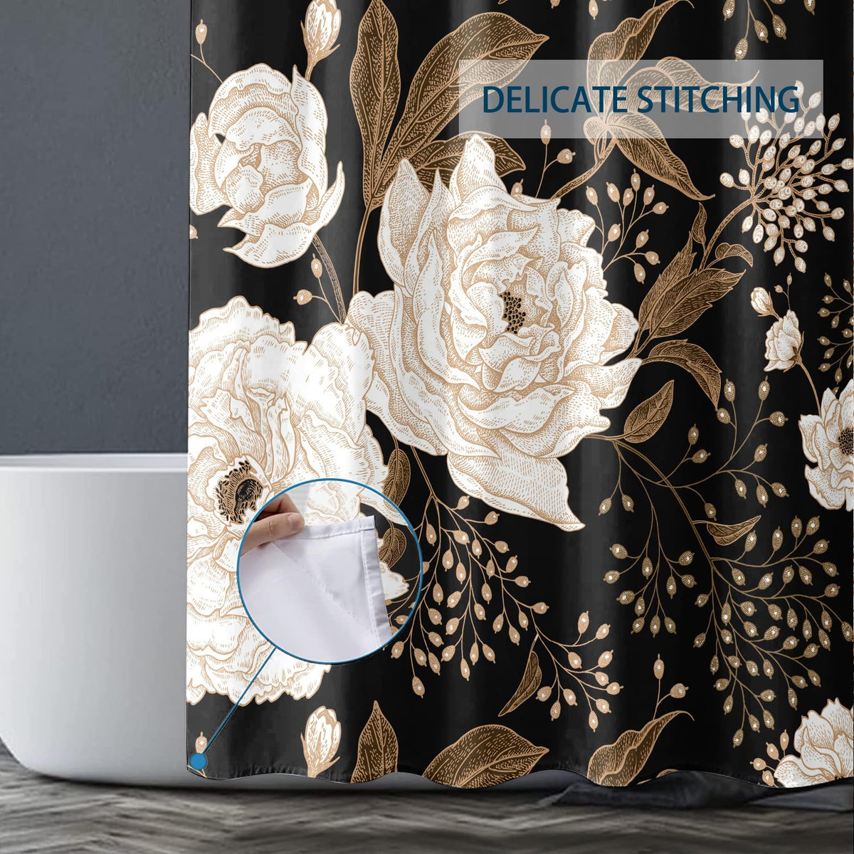 Bivinar Black Gold Floral Shower Curtain, Black Flowers Bathroom Shower Curtain, Fabric Waterproof Shower Curtain With 12 Hooks,