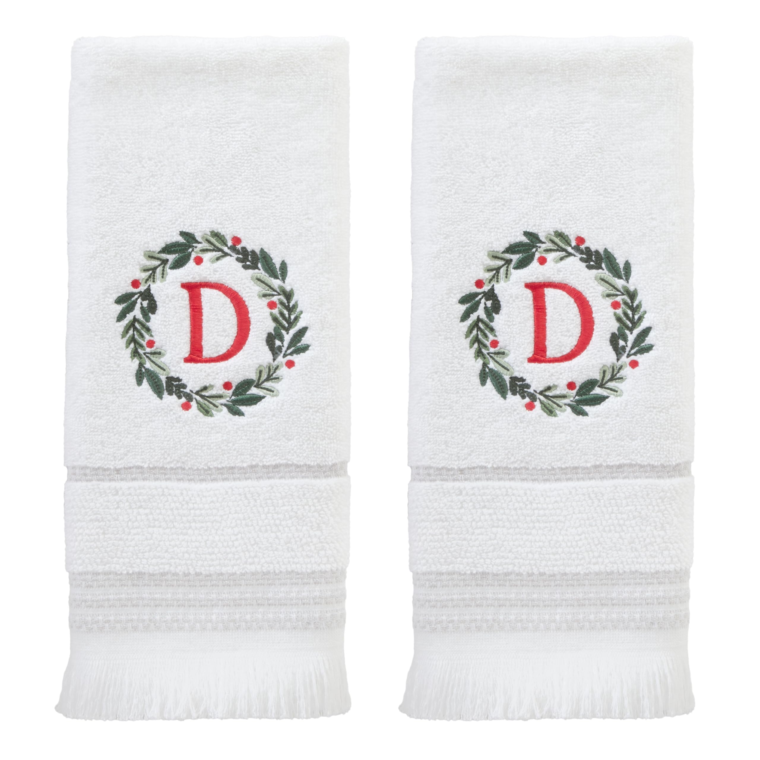 SKL Home Christmas/Winter Wreath Monogram Hand Towel D 2pc Set for Bath/Kitchen/Bar & Gift, White