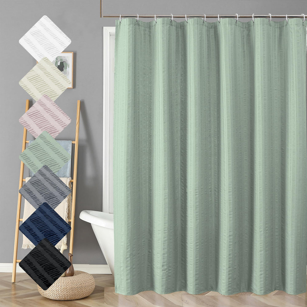 Aiyufeng Moga Sage Green Shower Curtain - 3D Embossed Cloth Shower Curtain For Bathroom, Hotel Luxury Green Bathroom Curtains, M