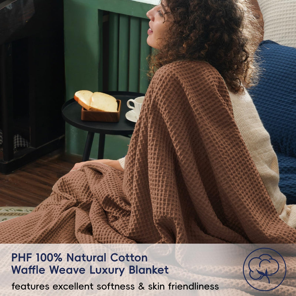 Phf 100% Cotton Waffle Weave Blanket King Size 104' X 90' - Lightweight Cozy Washed Soft Breathable Throw - Perfect Layer For Couch Bed Sofa - Elegant Aesthetic Home Decoration Gift - Cappuccino