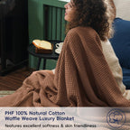 Phf 100% Cotton Waffle Weave Blanket King Size 104' X 90' - Lightweight Cozy Washed Soft Breathable Throw - Perfect Layer For Couch Bed Sofa - Elegant Aesthetic Home Decoration Gift - Cappuccino