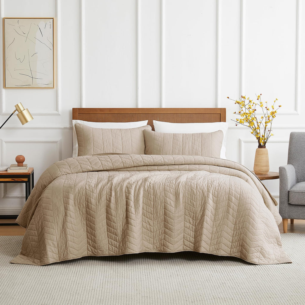 Palassio Dark Beige 100% Cotton Quilt King Size Bedding Sets With Pillow Shams, Lightweight Soft Bedspread Coverlet, Quilted Com
