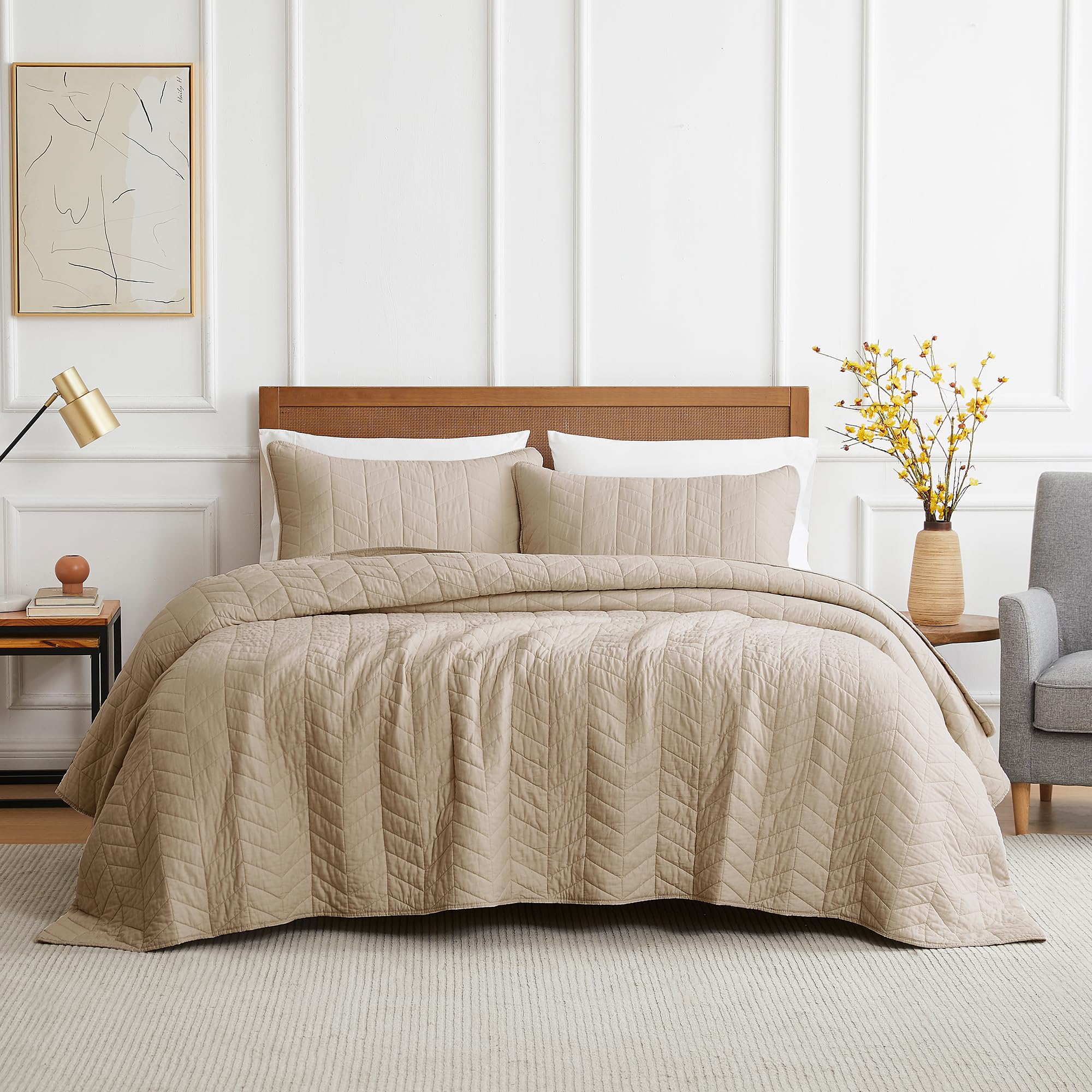 Palassio Dark Beige 100% Cotton Quilt King Size Bedding Sets With Pillow Shams, Lightweight Soft Bedspread Coverlet, Quilted Com