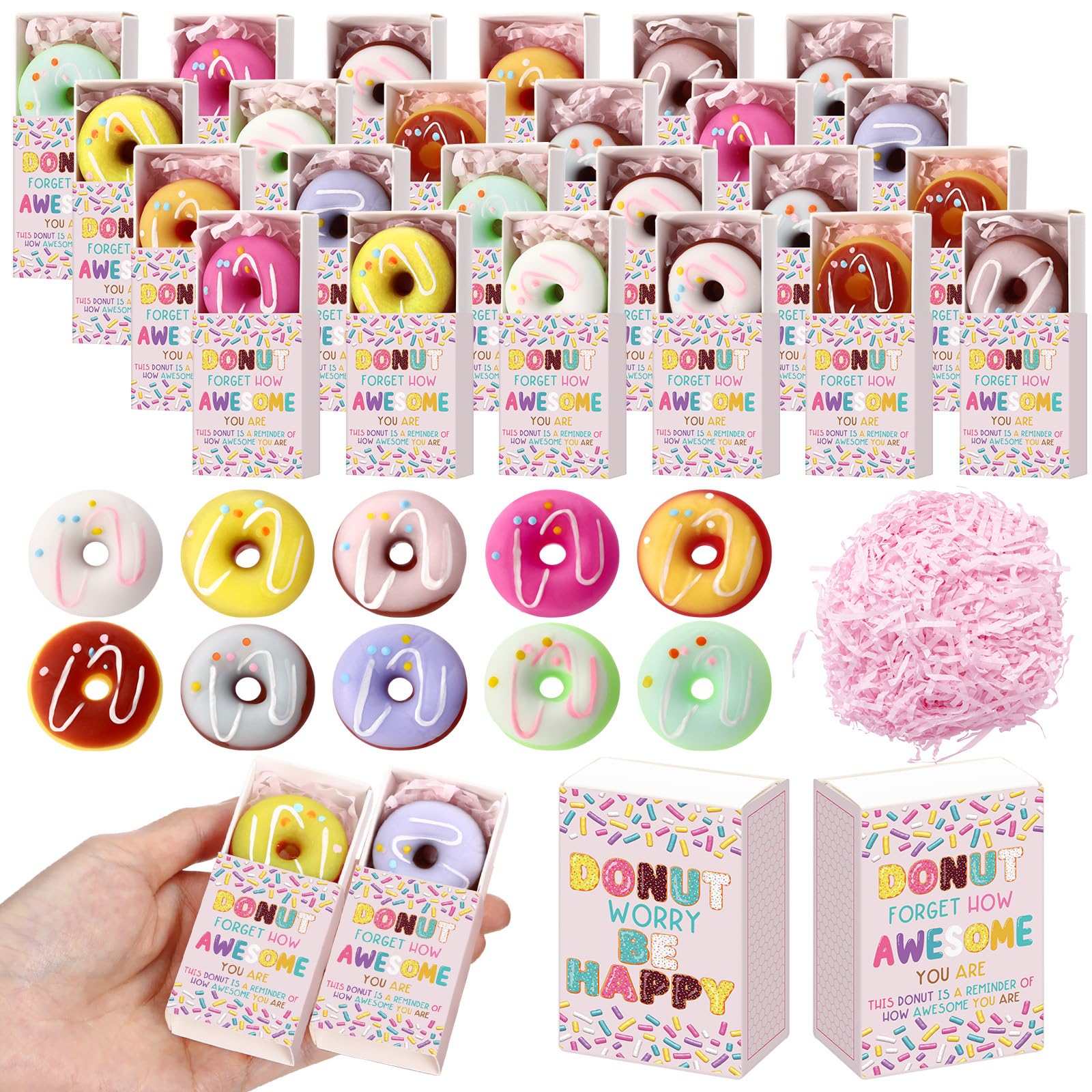 Wettarn 50 Sets Appreciation Donut Gifts Cute Stress Balls with Support Gift Boxes Inspirational Party Favors for Employee Cowor