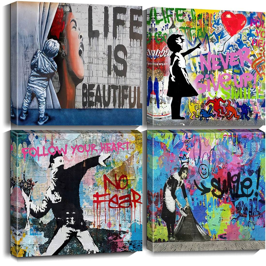 Biufo Banksy Canvas Wall Art Prints Pop Street Art Picture Paintings for Living Room Bedroom Wall Decor (16x16x4Pcs)