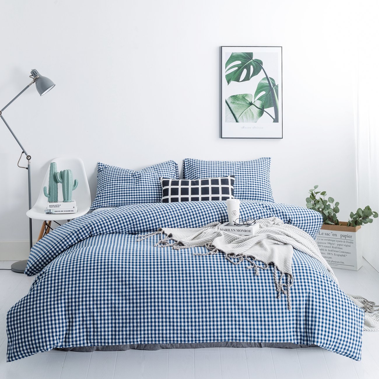 Susybao Royal Blue Gingham Duvet Cover King 100% Washed Cotton Blue Plaid Duvet Cover 3 Pcs Set 1 Vintage Grid Checkered Duvet C