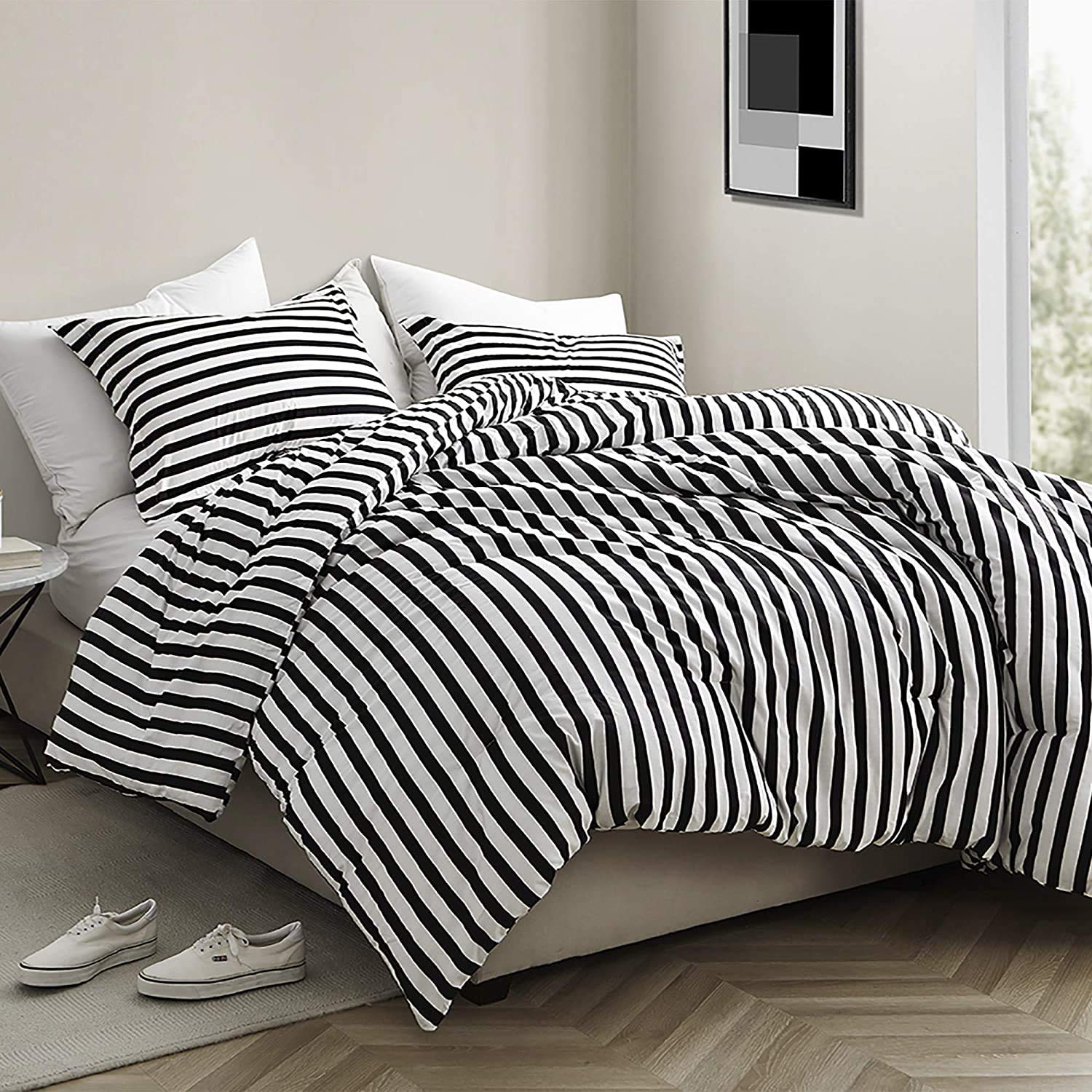 Clothknow Striped Comforter Set Full 3Pcs Black And White Bedding Comforter Sets Farmhouse Comforter Full Size Ticking Stripes F