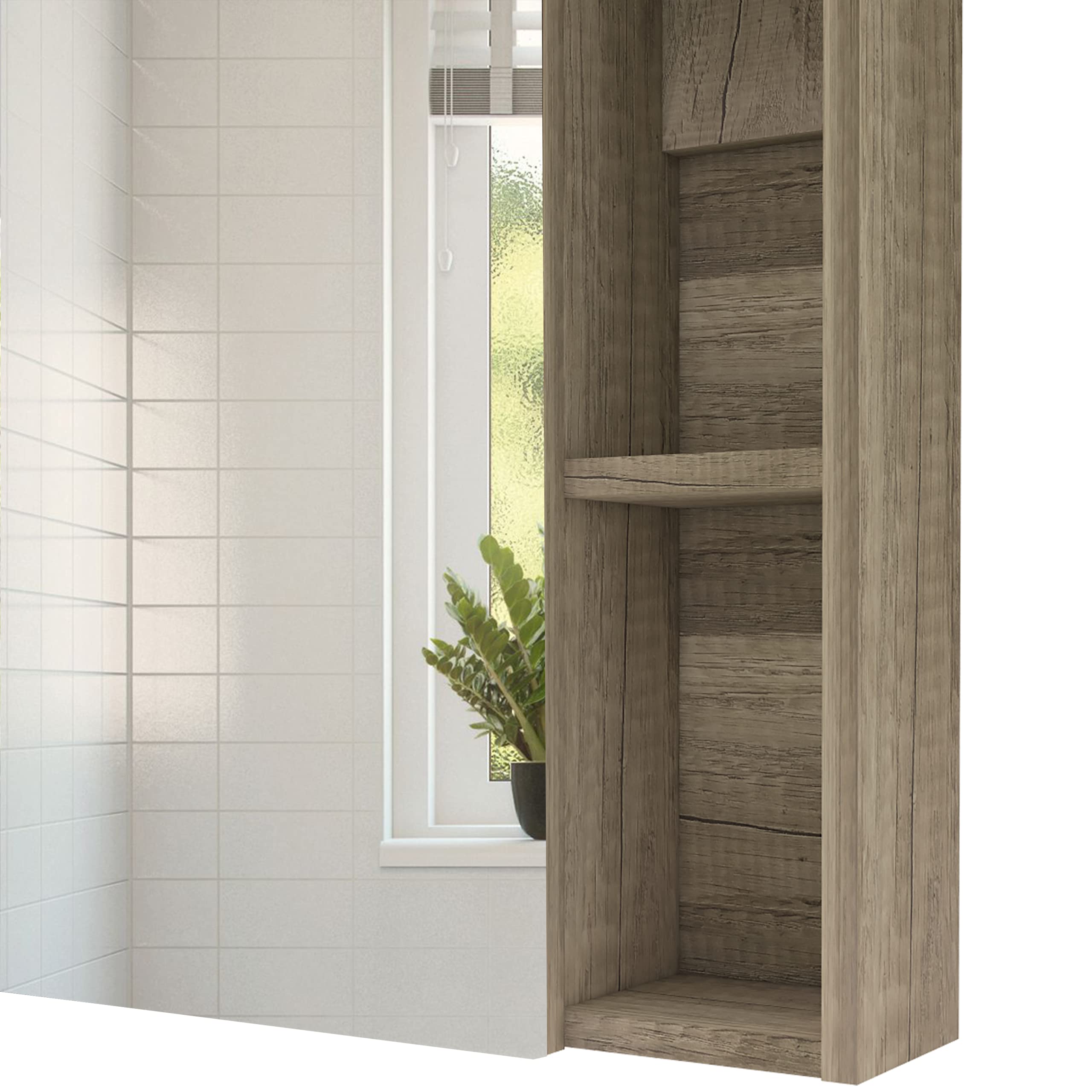 Medicine 19H Single Door Cabinet with Mirror, 5 Interior Shelves, Light Oak