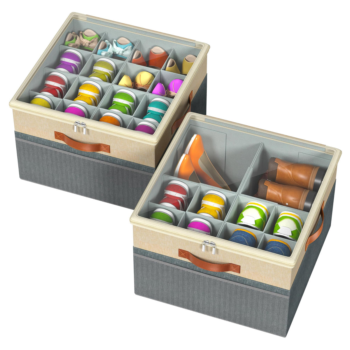 Shoe Organizer for Closet, 2 Pack Foldable Shoe Storage Organizer Box Bin with Adjustable Dividers and Clear Cover, Fits up to 1
