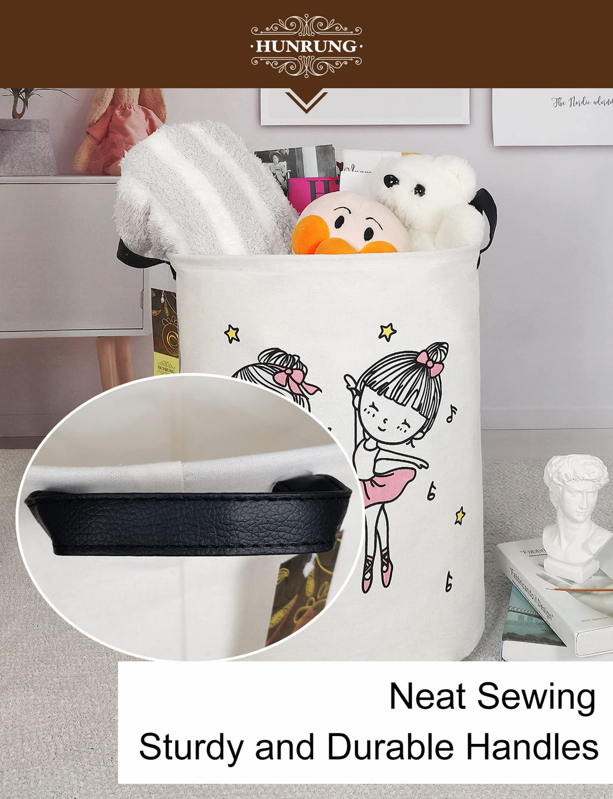 Hunrung Laundry Hamper,Large Canvas Fabric Lightweight Storage Basket Toy Organizer Dirty Clothes Collapsible Waterproof For College Dorms, Children Bedroom,Bathroom(Round-Dancing Girl)
